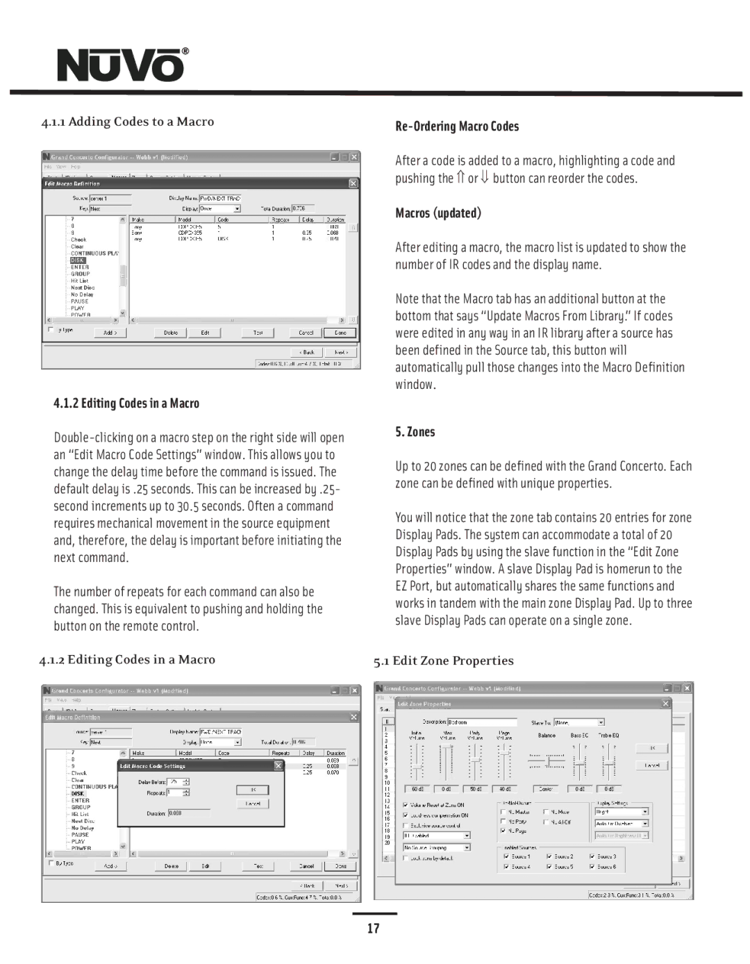 Nuvo NV-I8GMS, NV-I8GXS manual Adding Codes to a Macro, Editing Codes in a Macro, Edit Zone Properties 