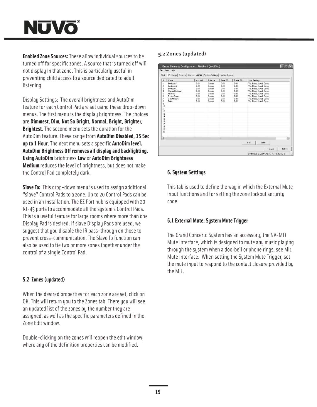 Nuvo NV-I8GMS, NV-I8GXS manual Zones updated, System Settings, External Mute System Mute Trigger 