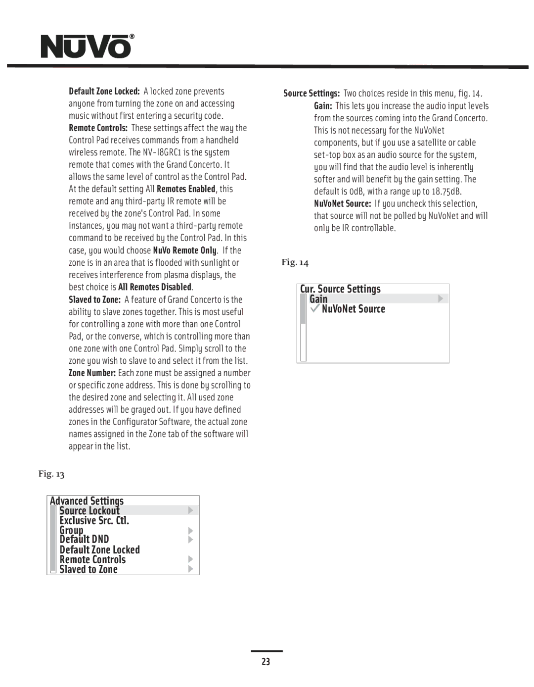 Nuvo NV-I8GMS, NV-I8GXS manual Cur. Source Settings Gain NuVoNet Source 