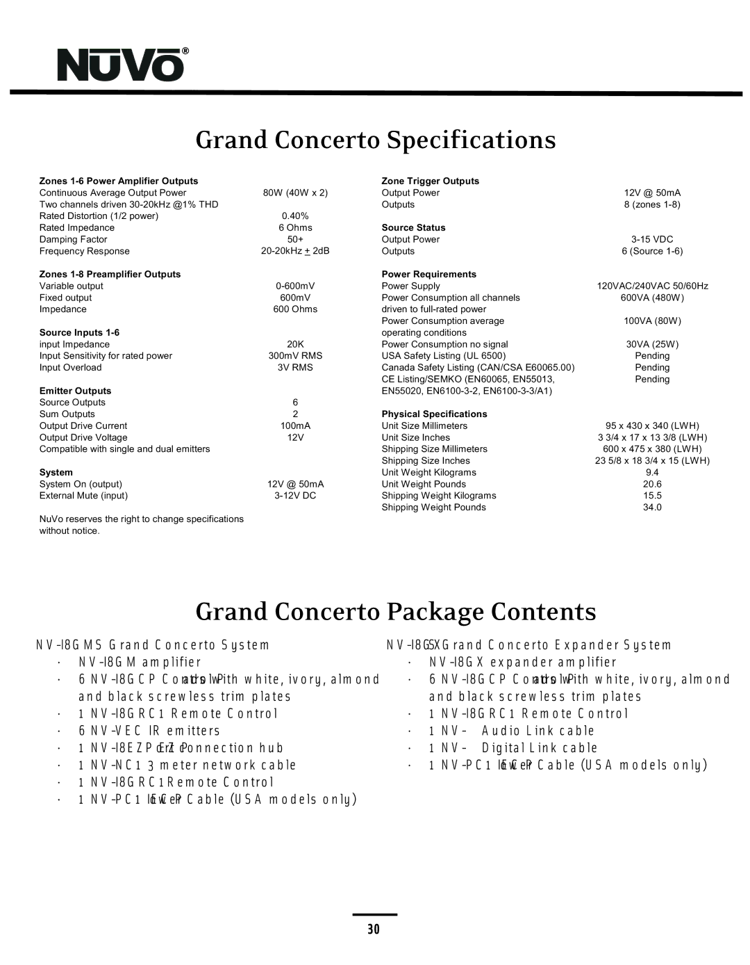 Nuvo NV-I8GMS, NV-I8GXS manual Grand Concerto Specifications 