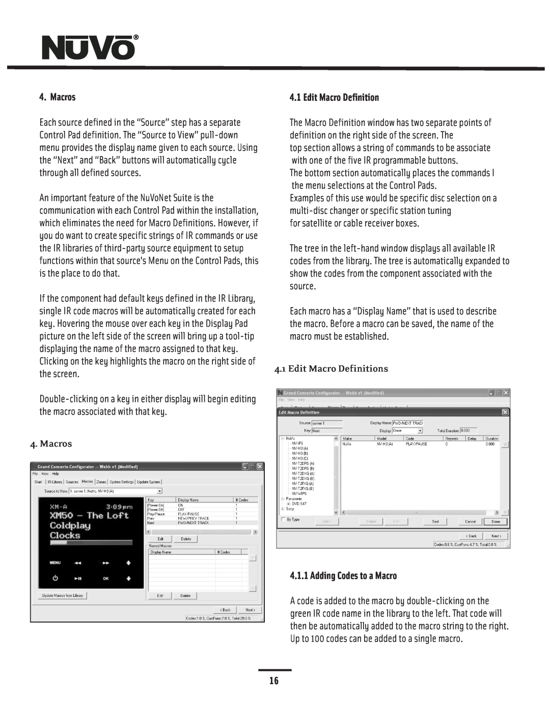 Nuvo NV-I8GMS, NV-I8GXS manual Macros, Edit Macro Definitions, Adding Codes to a Macro 