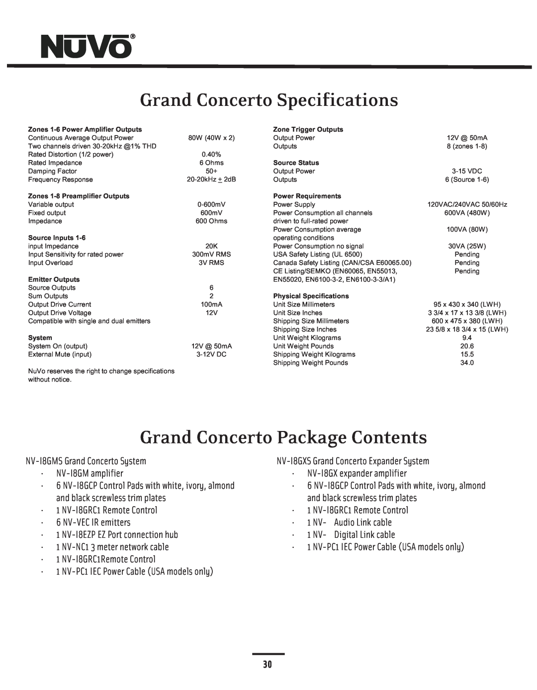 Nuvo NV-I8GMS, NV-I8GXS manual Grand Concerto Specifications, Grand Concerto Package Contents 