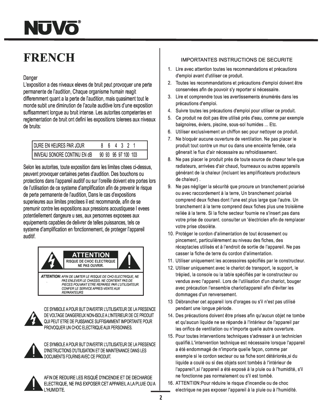 Nuvo NV-I8GMS, NV-I8GXS manual French, Danger 