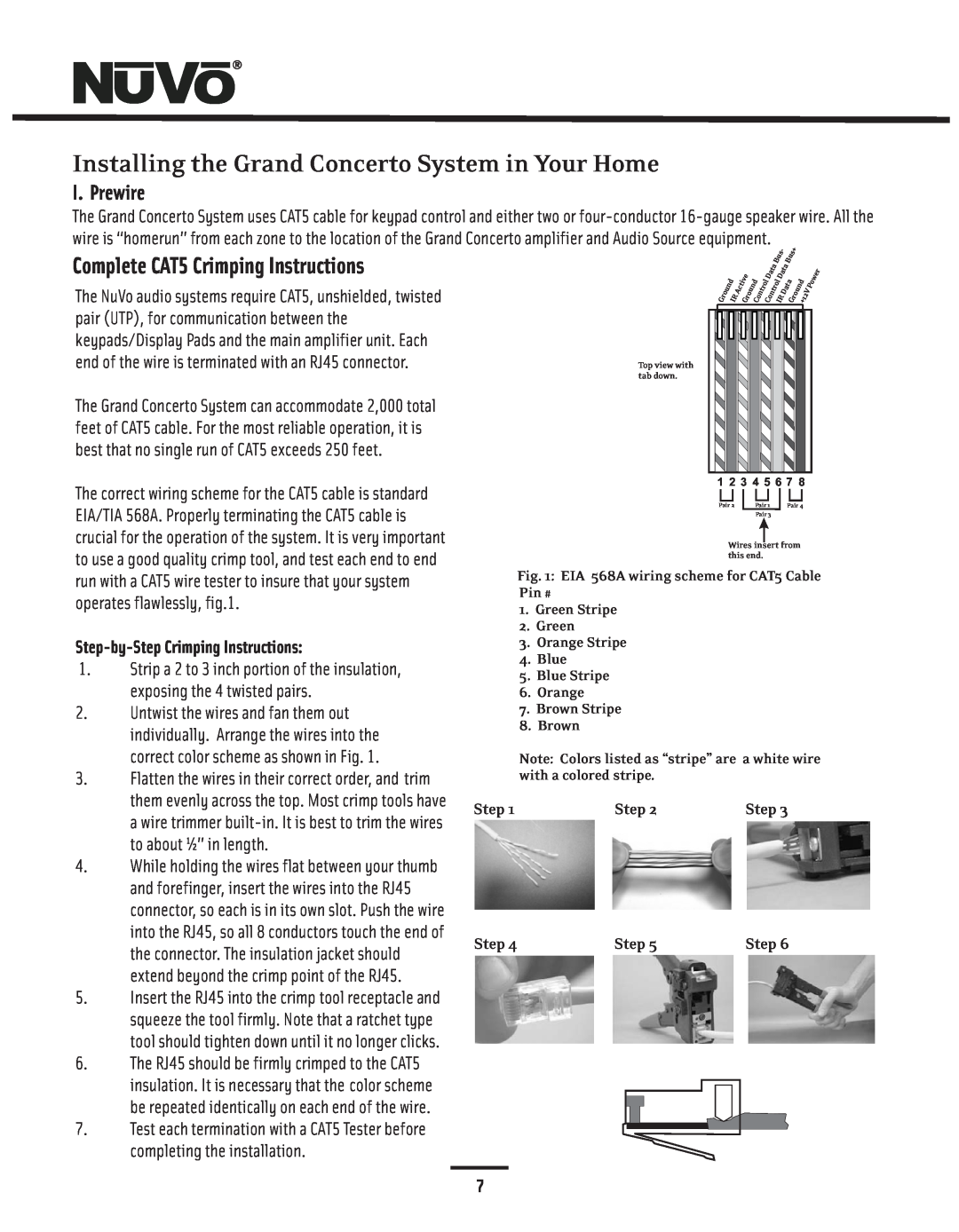 Nuvo NV-I8GMS, NV-I8GXS Installing the Grand Concerto System in Your Home, I. Prewire, Step-by-StepCrimping Instructions 