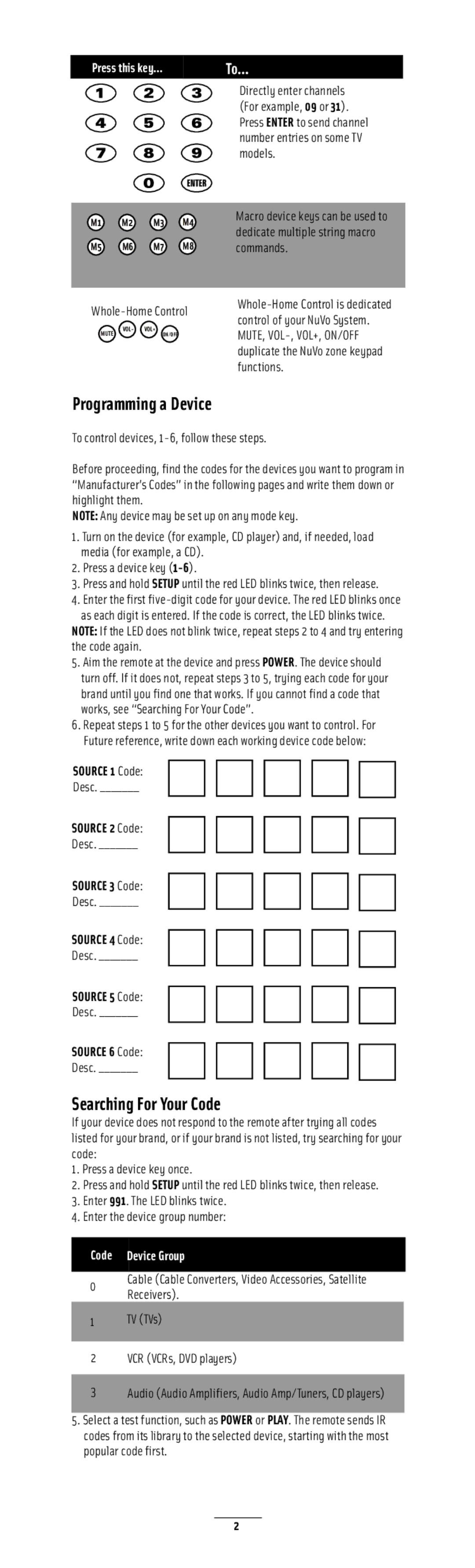 Nuvo NV-LRC1 manual Programming a Device, Searching For Your Code, Whole-Home Control, Desc 