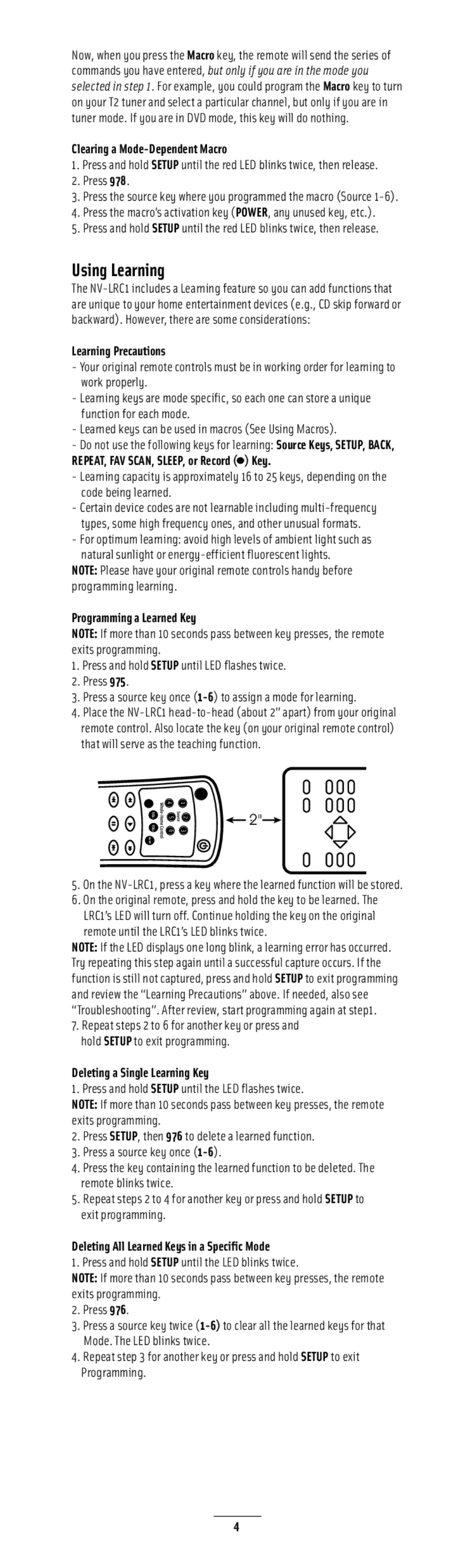 Nuvo NV-LRC1 manual Using Learning, Press and hold Setup until the LED blinks twice 