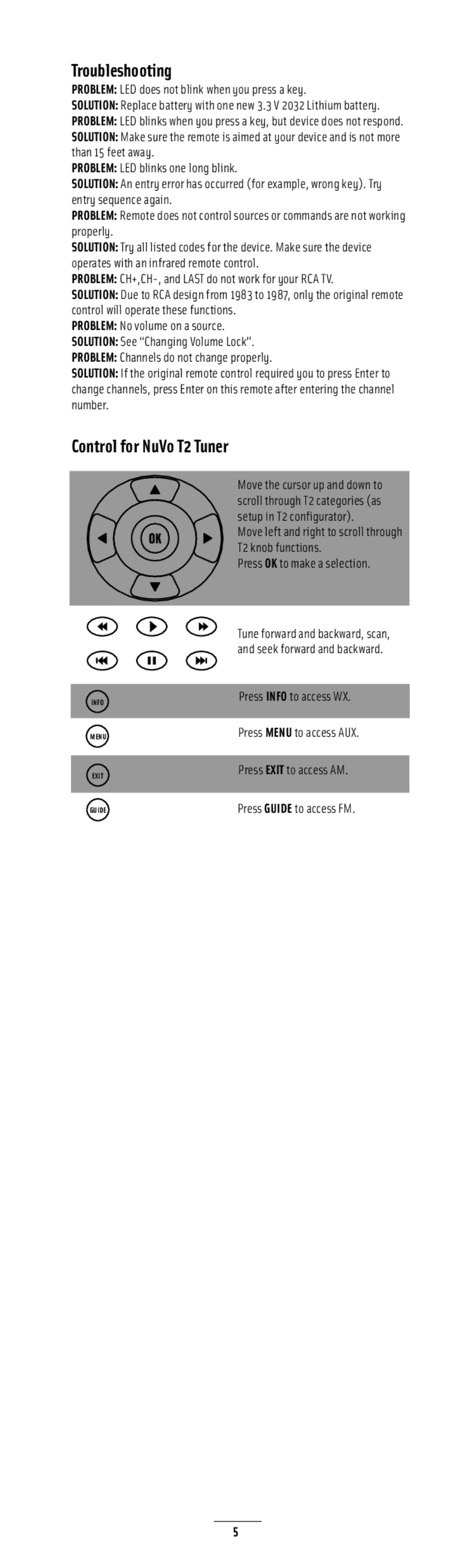 Nuvo NV-LRC1 manual Troubleshooting, Control for NuVo T2 Tuner, Problem LED does not blink when you press a key, Properly 