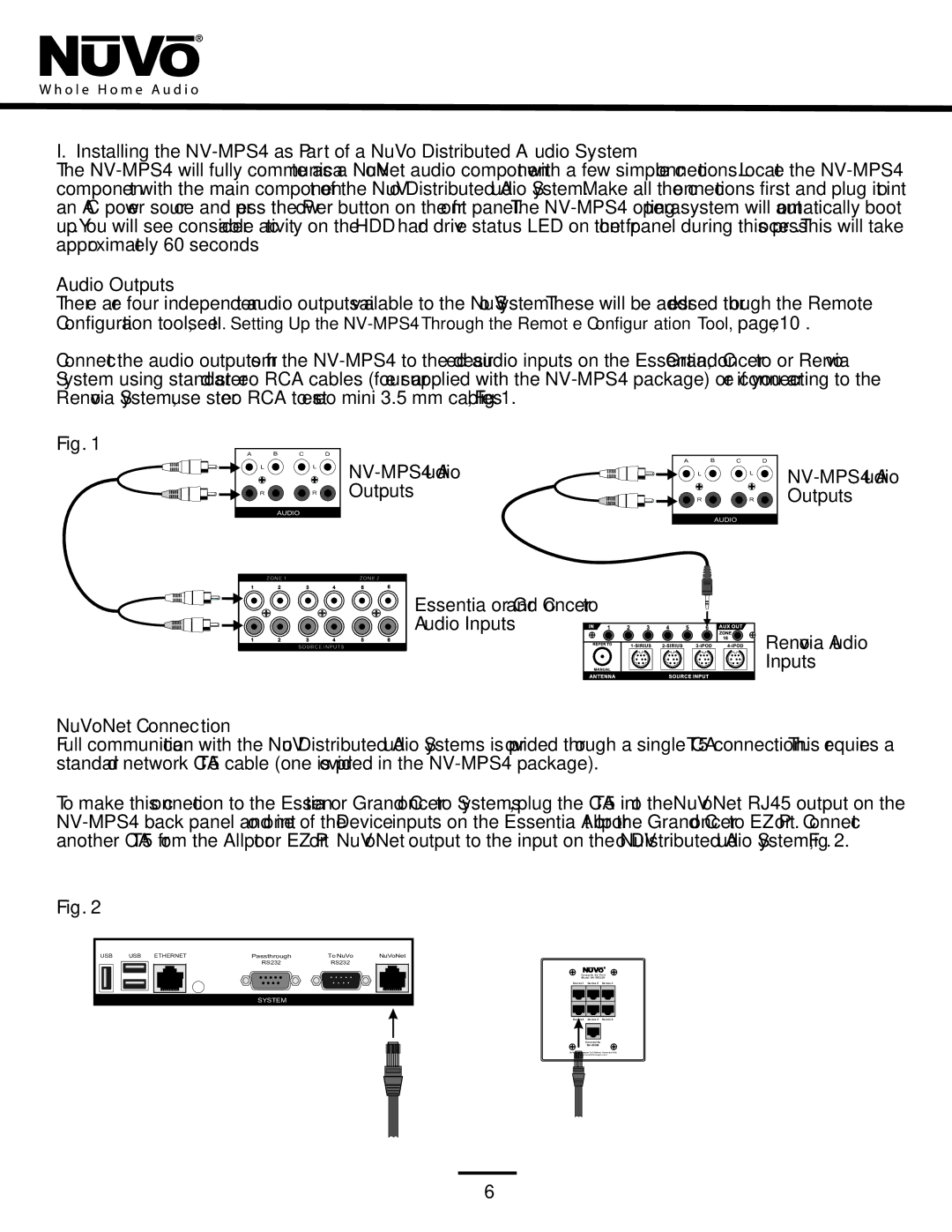 Nuvo manual Audio Outputs, NV-MPS4 Audio, Audio Inputs, NuVoNet Connection 