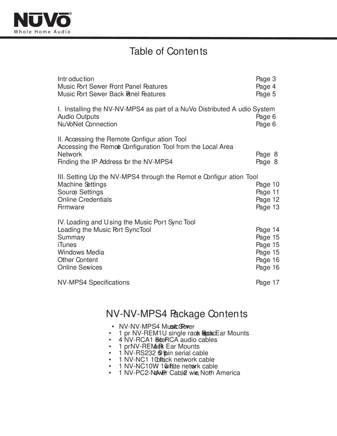 Nuvo NV-MPS4 manual Table of Contents 