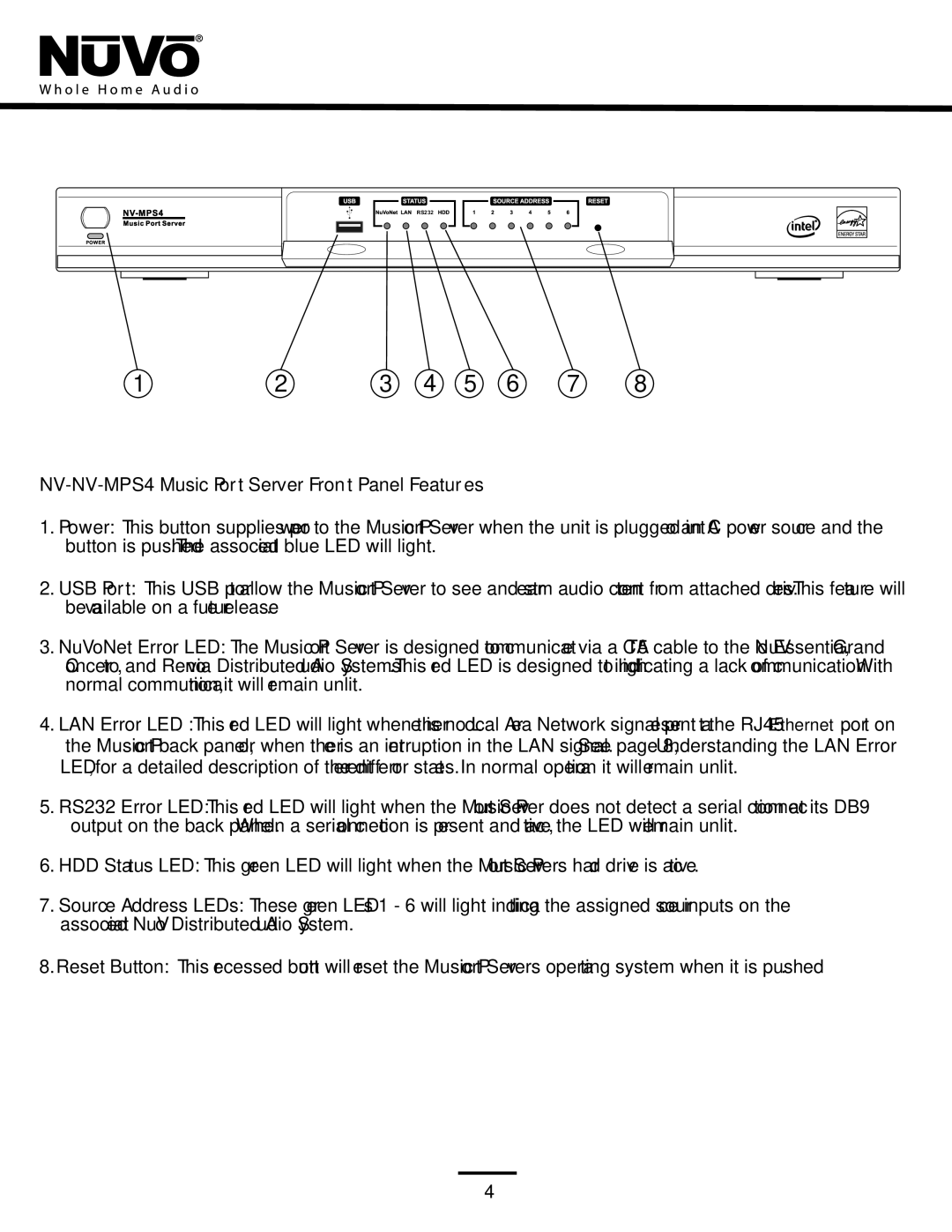 Nuvo manual NV-NV-MPS4 Music Port Server Front Panel Features 