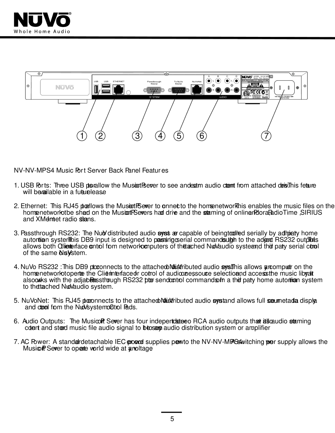 Nuvo manual NV-NV-MPS4 Music Port Server Back Panel Features 