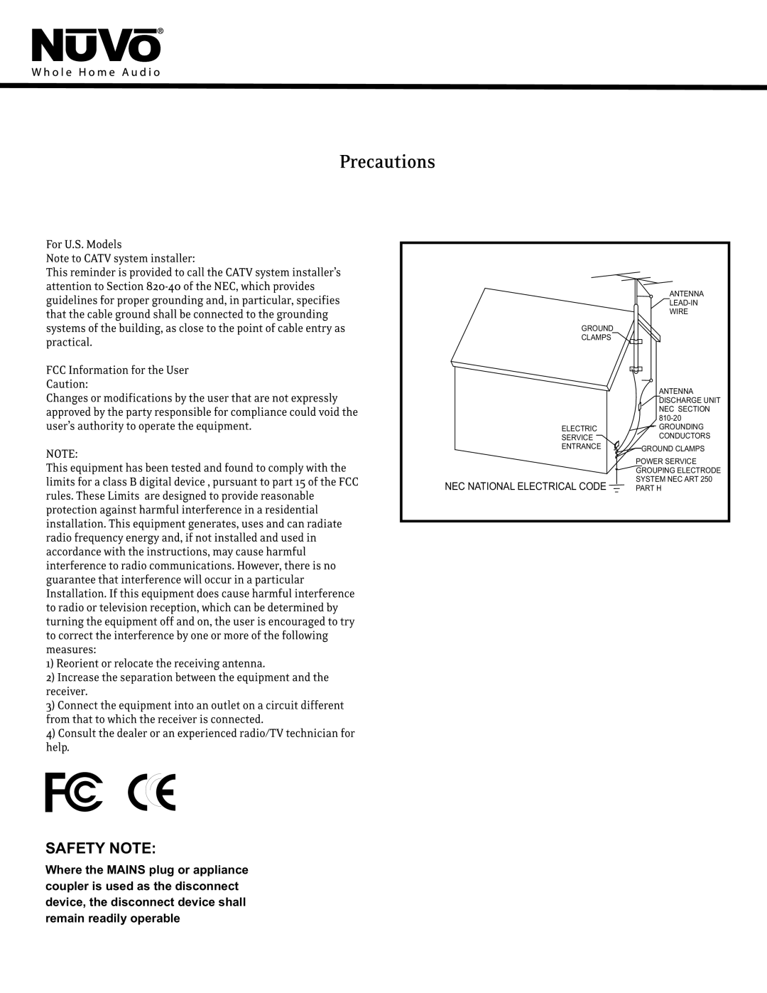 Nuvo NV-MPS4 manual Safety Note, Nec National Electrical Code 