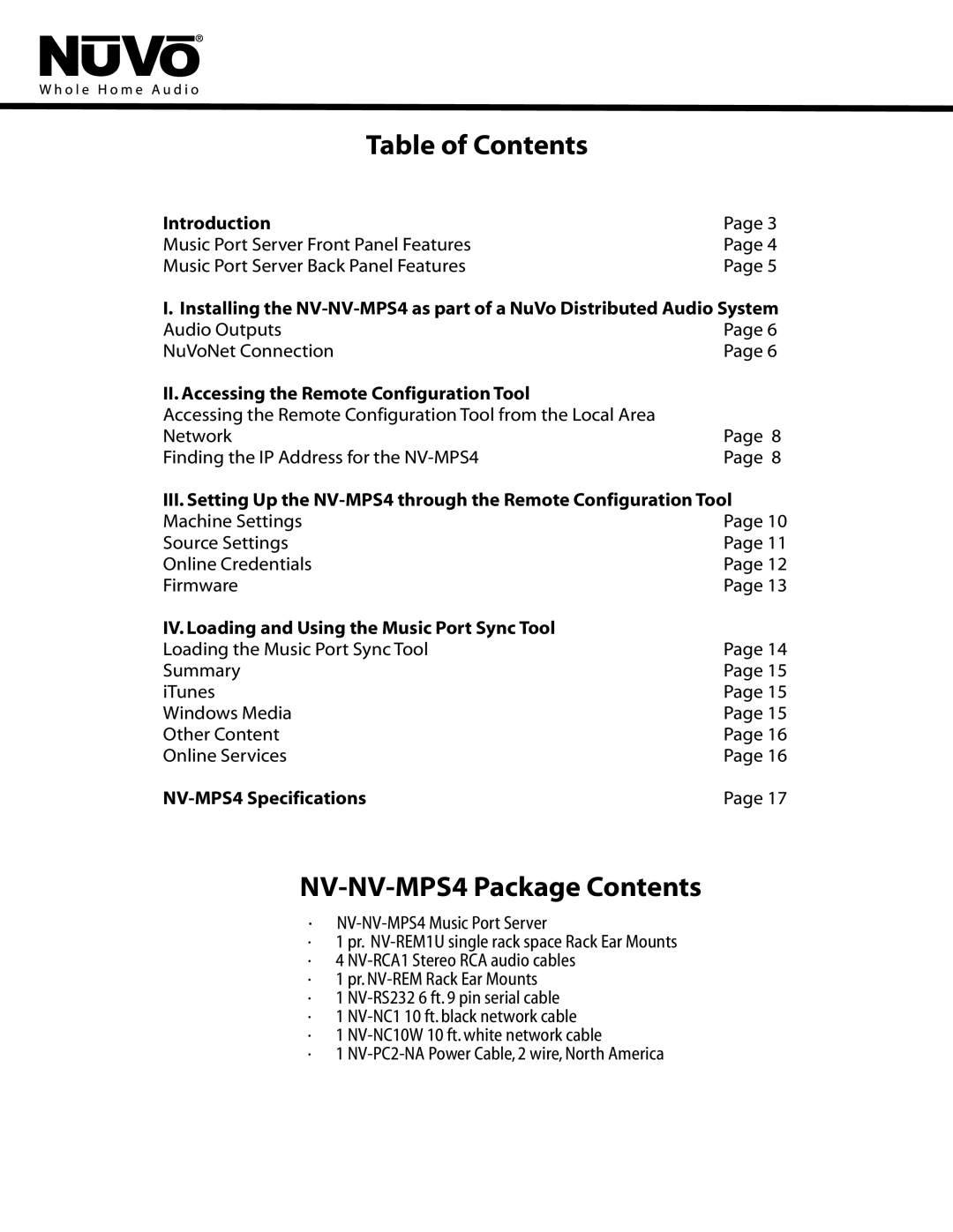 Nuvo manual Table of Contents, NV-NV-MPS4 Package Contents, Introduction, II. Accessing the Remote Configuration Tool 