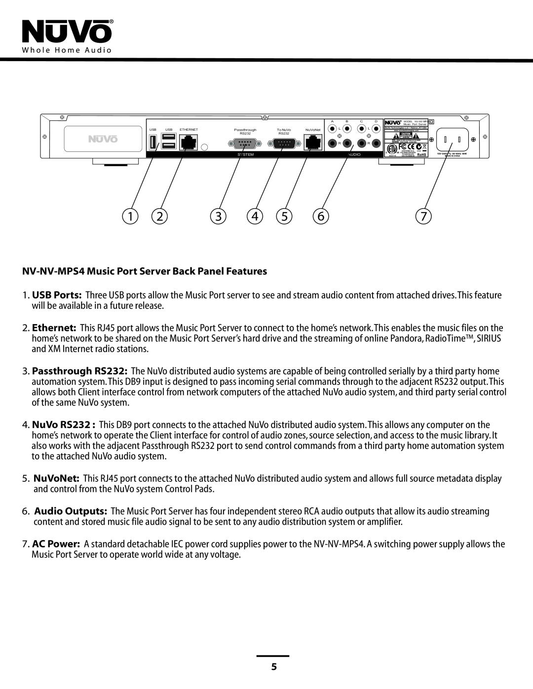 Nuvo manual NV-NV-MPS4 Music Port Server Back Panel Features, MODEL NV-NV-MPS4 