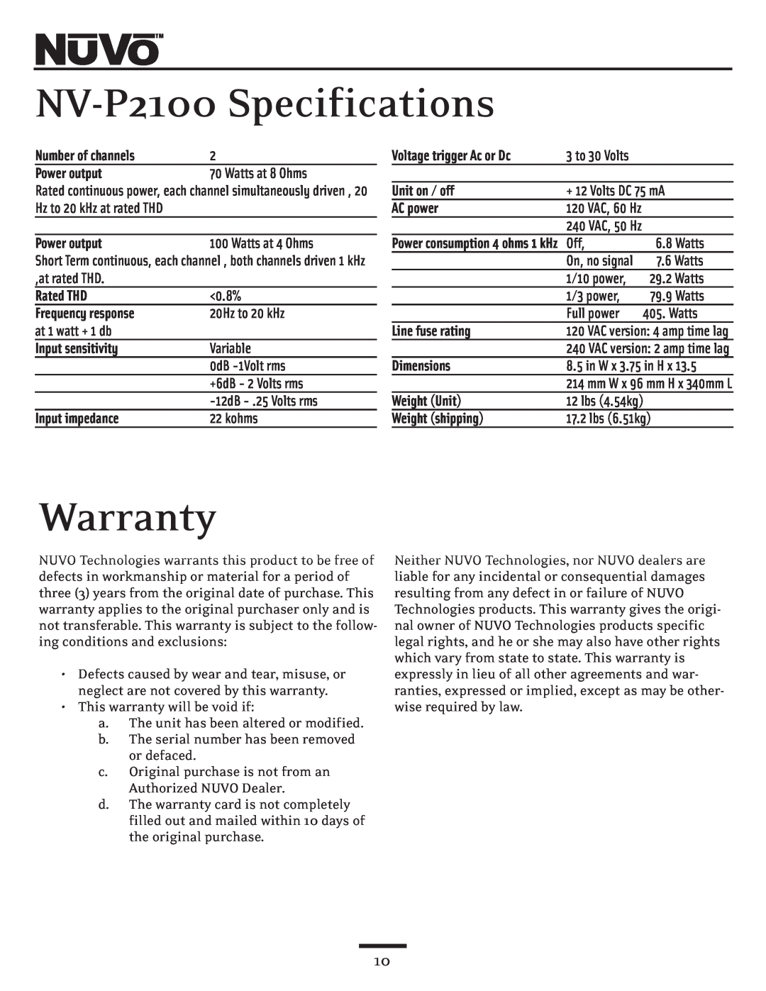 Nuvo owner manual NV-P2100Specifications, Warranty 