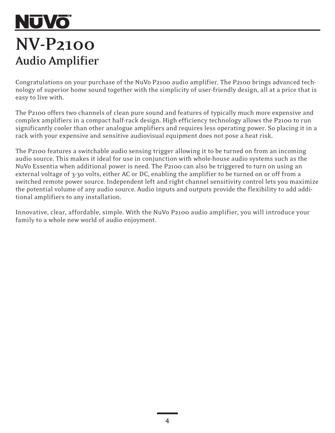 Nuvo NV-P2100 owner manual Audio Amplifier 
