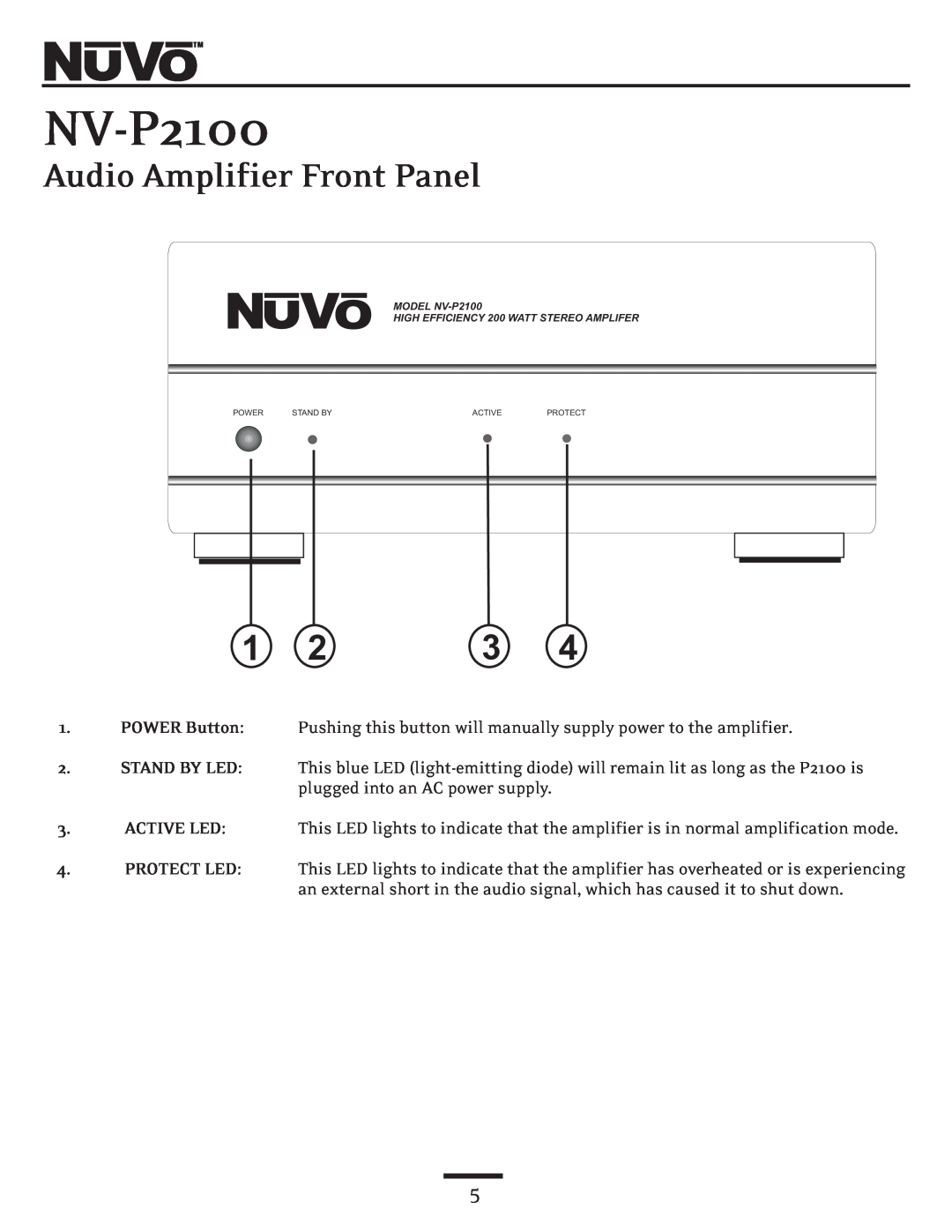 Nuvo owner manual Audio Amplifier Front Panel, MODEL NV-P2100, HIGH EFFICIENCY 200 WATT STEREO AMPLIFER 