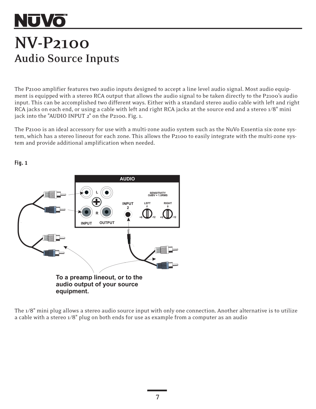 Nuvo NV-P2100 owner manual Audio Source Inputs 