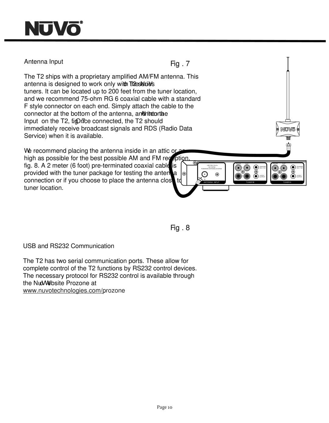 Nuvo NV-T2DF manual Antenna Input, USB and RS232 Communication 