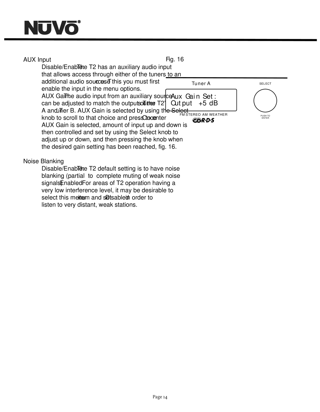 Nuvo NV-T2DF manual AUX Input, Noise Blanking 
