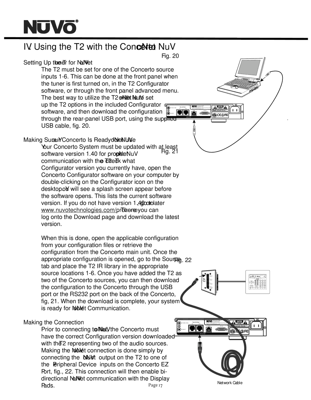 Nuvo NV-T2DF manual IV. Using the T2 with the Concerto NuVoNet, Setting Up the Tuner for NuVoNet, Making the Connection 