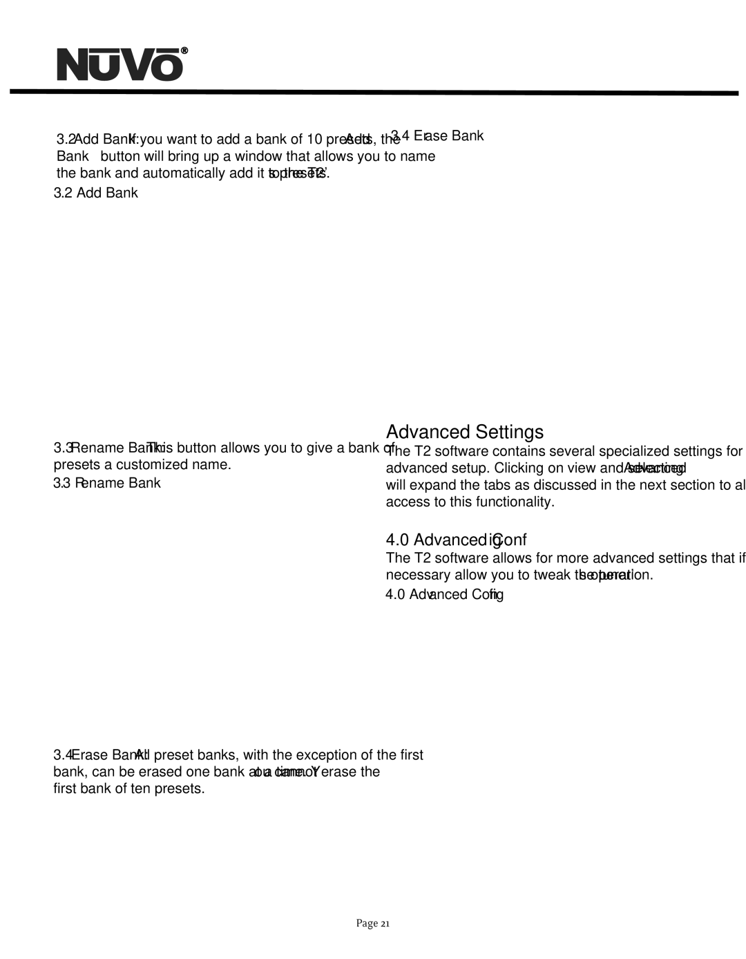 Nuvo NV-T2DF manual Advanced Config, Bank and automatically add it to the T2s presets Add Bank, Rename Bank 