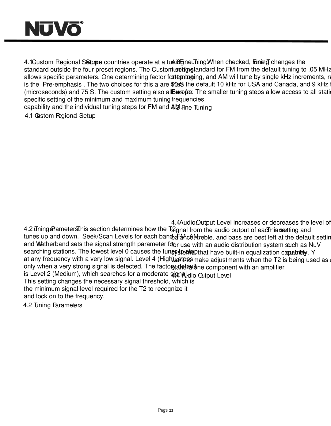 Nuvo NV-T2DF manual Custom Regional Setup, Tuning Parameters, Fine Tuning, Audio Output Level 