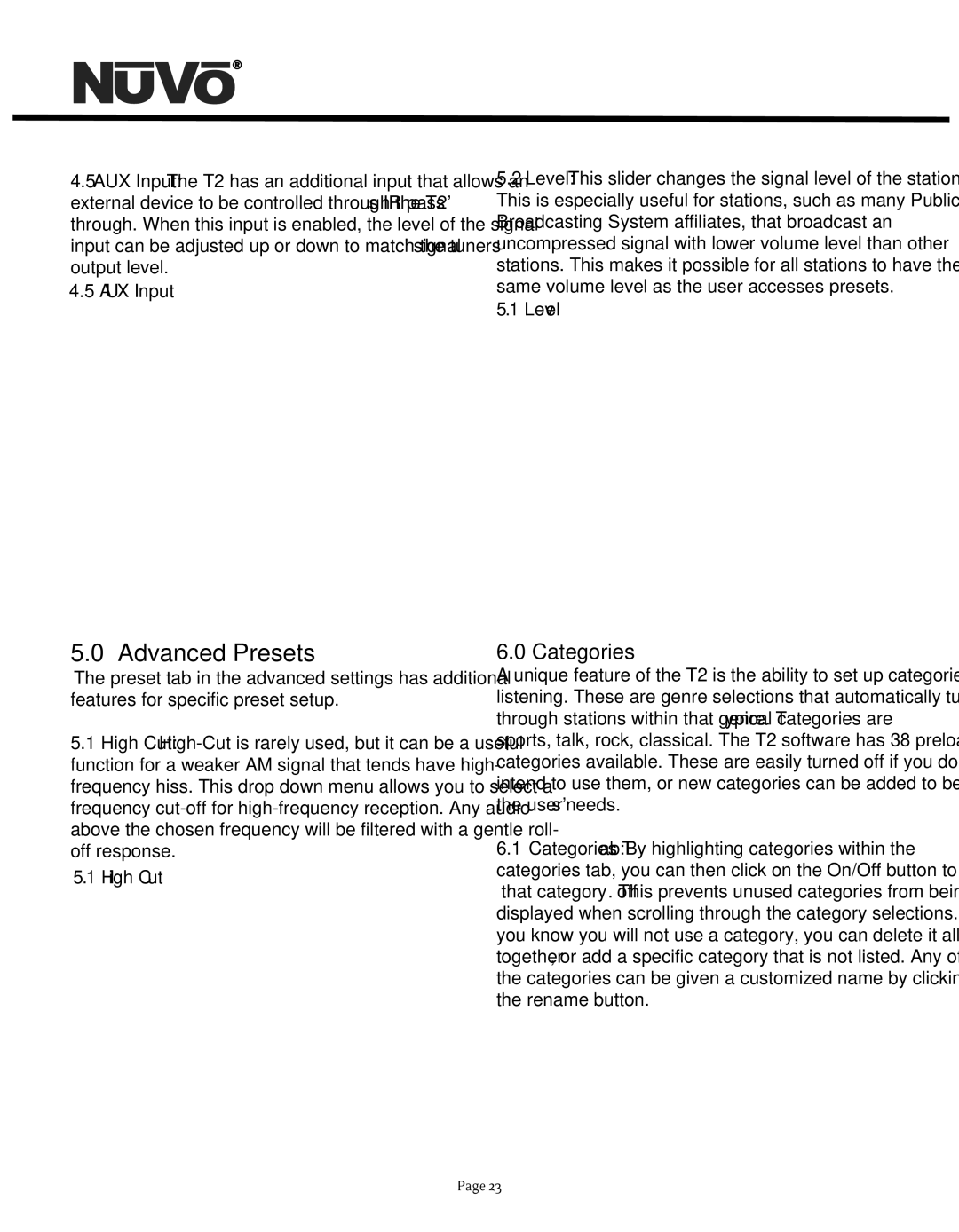 Nuvo NV-T2DF manual Categories, Level, High Cut 