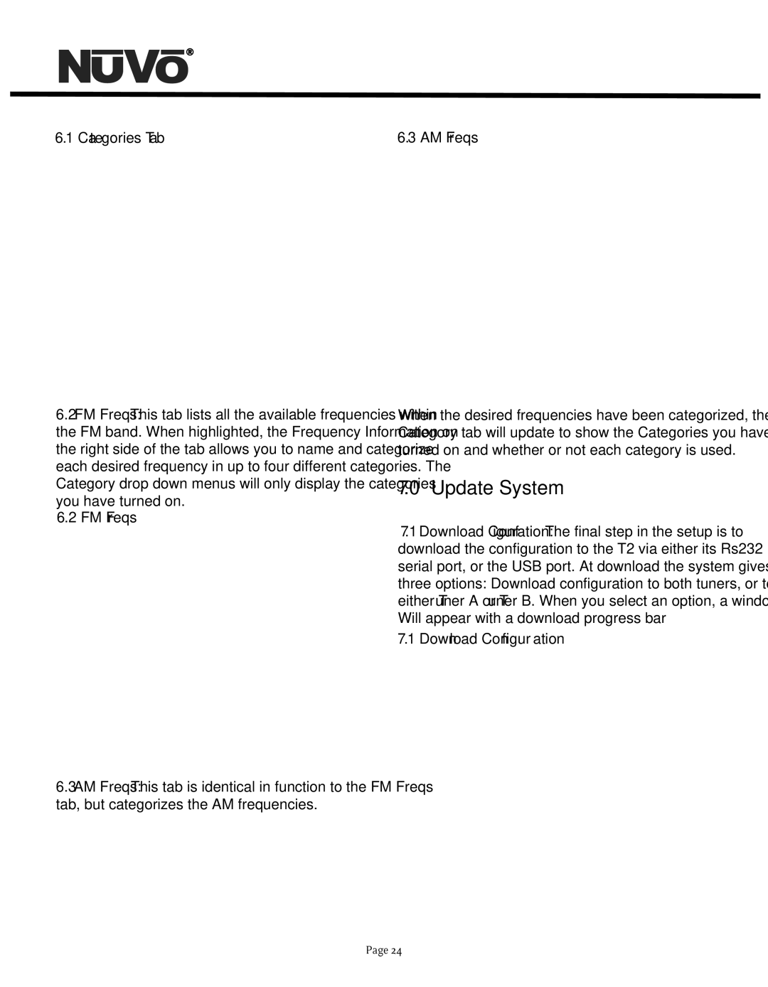 Nuvo NV-T2DF manual Categories Tab, FM Freqs, AM Freqs, Download Configuration 