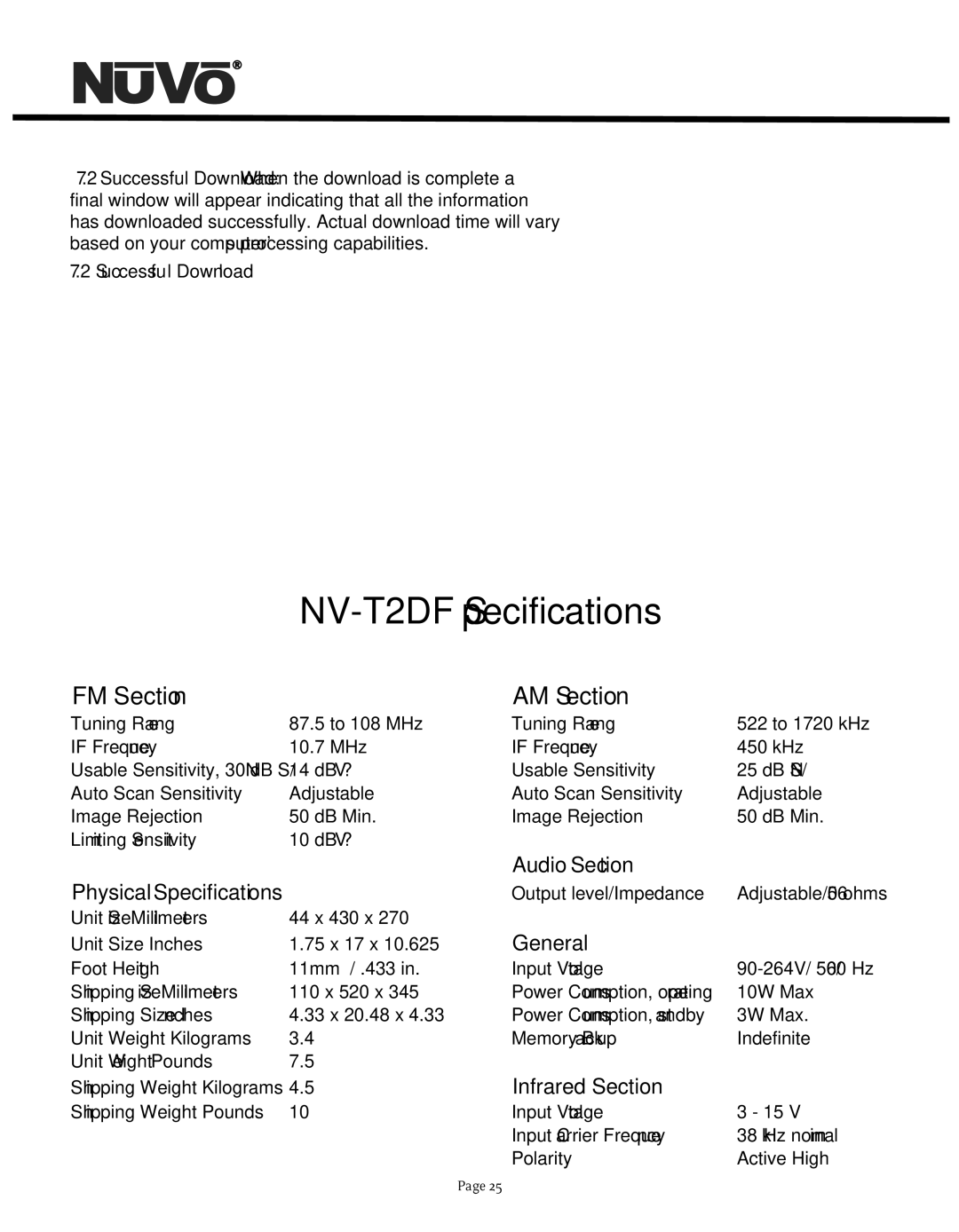 Nuvo NV-T2DF manual Audio Section, General, Infrared Section, Successful Download 