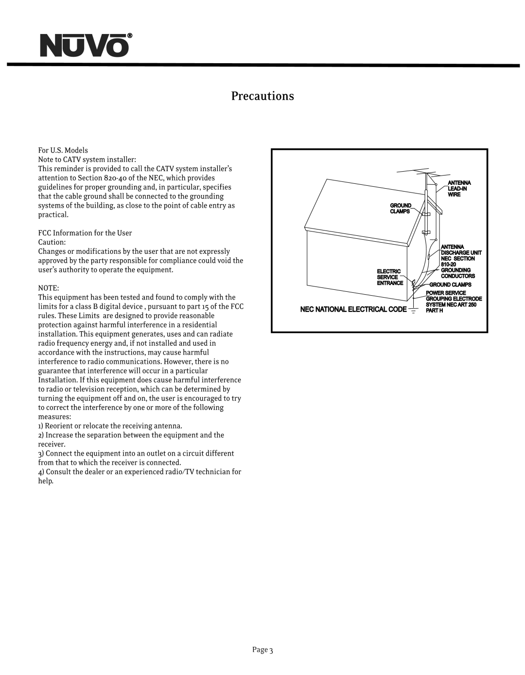 Nuvo NV-T2DF manual NEC National Electrical Code 