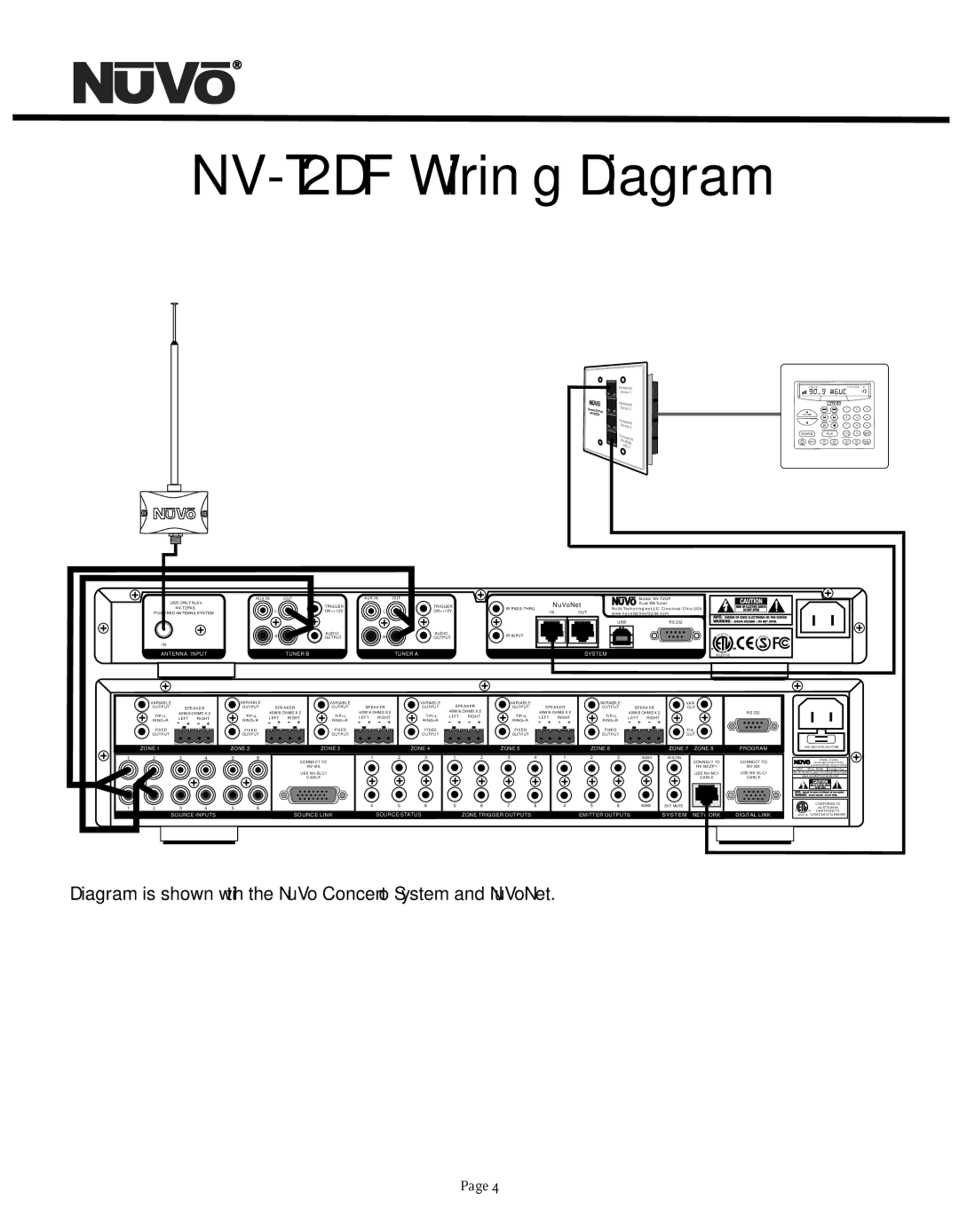 Nuvo manual NV-T2DF Wiring Diagram, Diagram is shown with the NuVo Concerto System and NuVoNet 