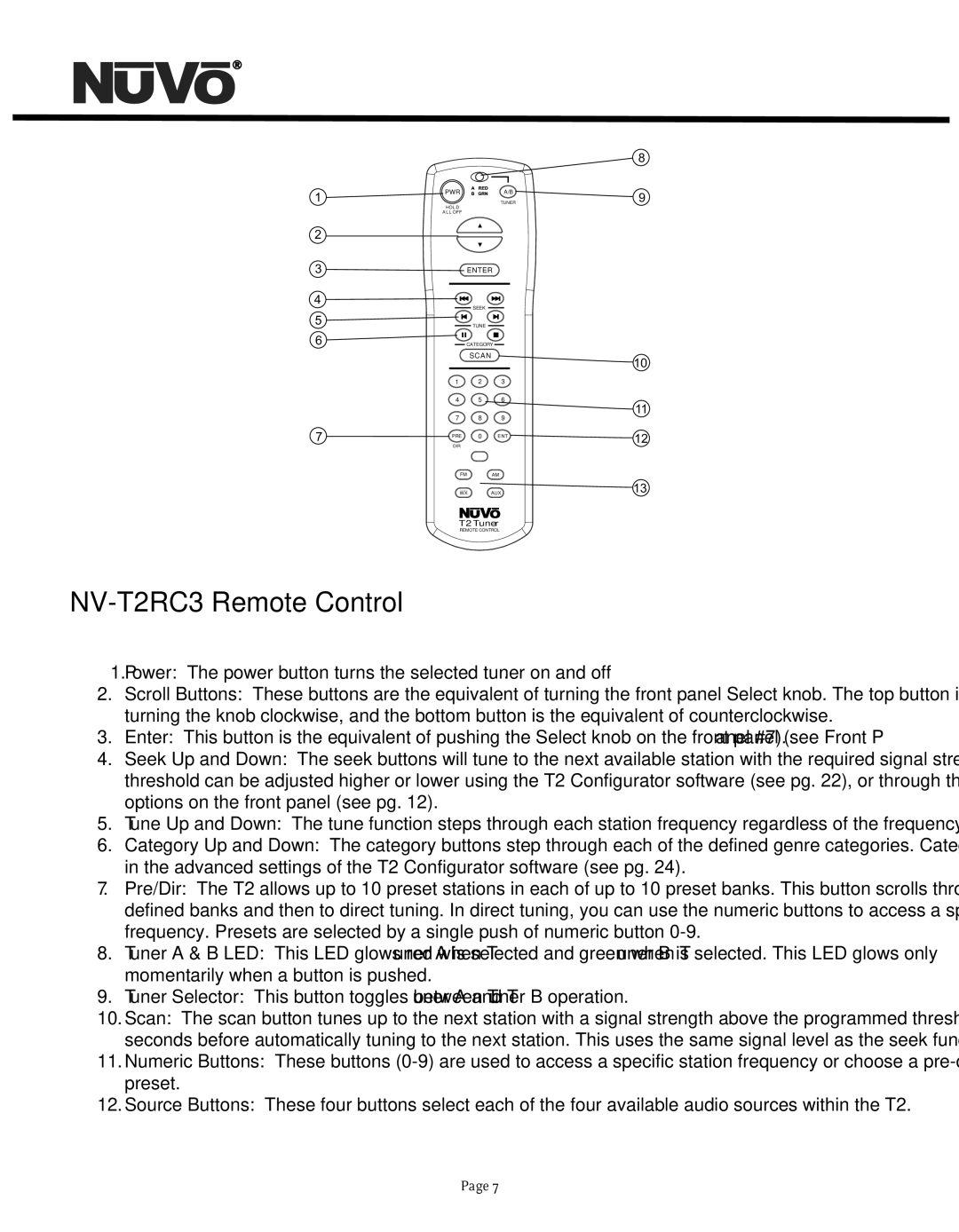 Nuvo NV-T2DF manual NV-T2RC3 Remote Control, Power The power button turns the selected tuner on and off 