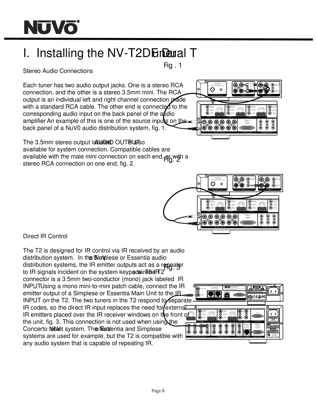 Nuvo NV-T2DF manual Stereo Audio Connections, Direct IR Control 