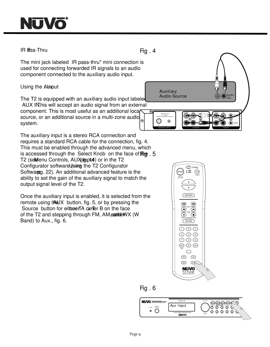 Nuvo NV-T2DF manual IR Pass-Thru, Using the Aux. Input 