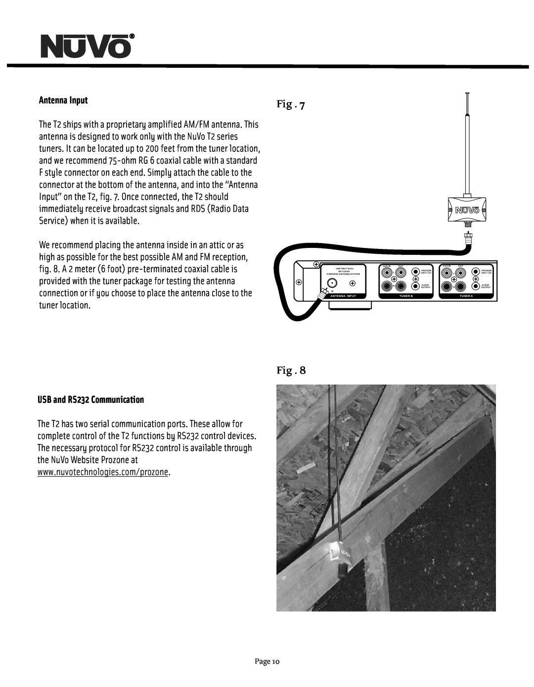 Nuvo NV-T2DF manual Antenna Input, USB and RS232 Communication, Page 