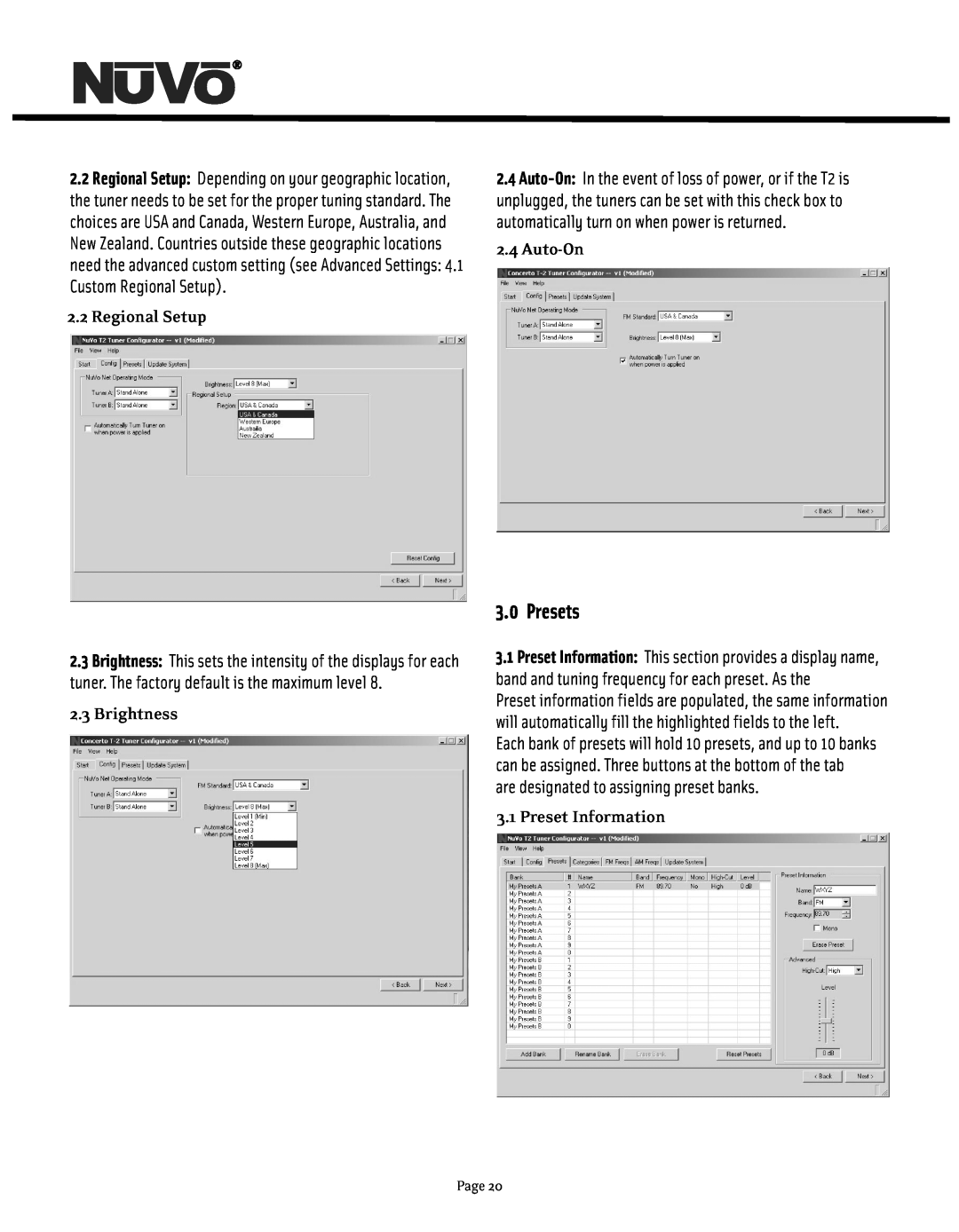 Nuvo NV-T2DF manual Presets, 2.2Regional Setup, Auto-On, Brightness, 3.1Preset Information, Page 