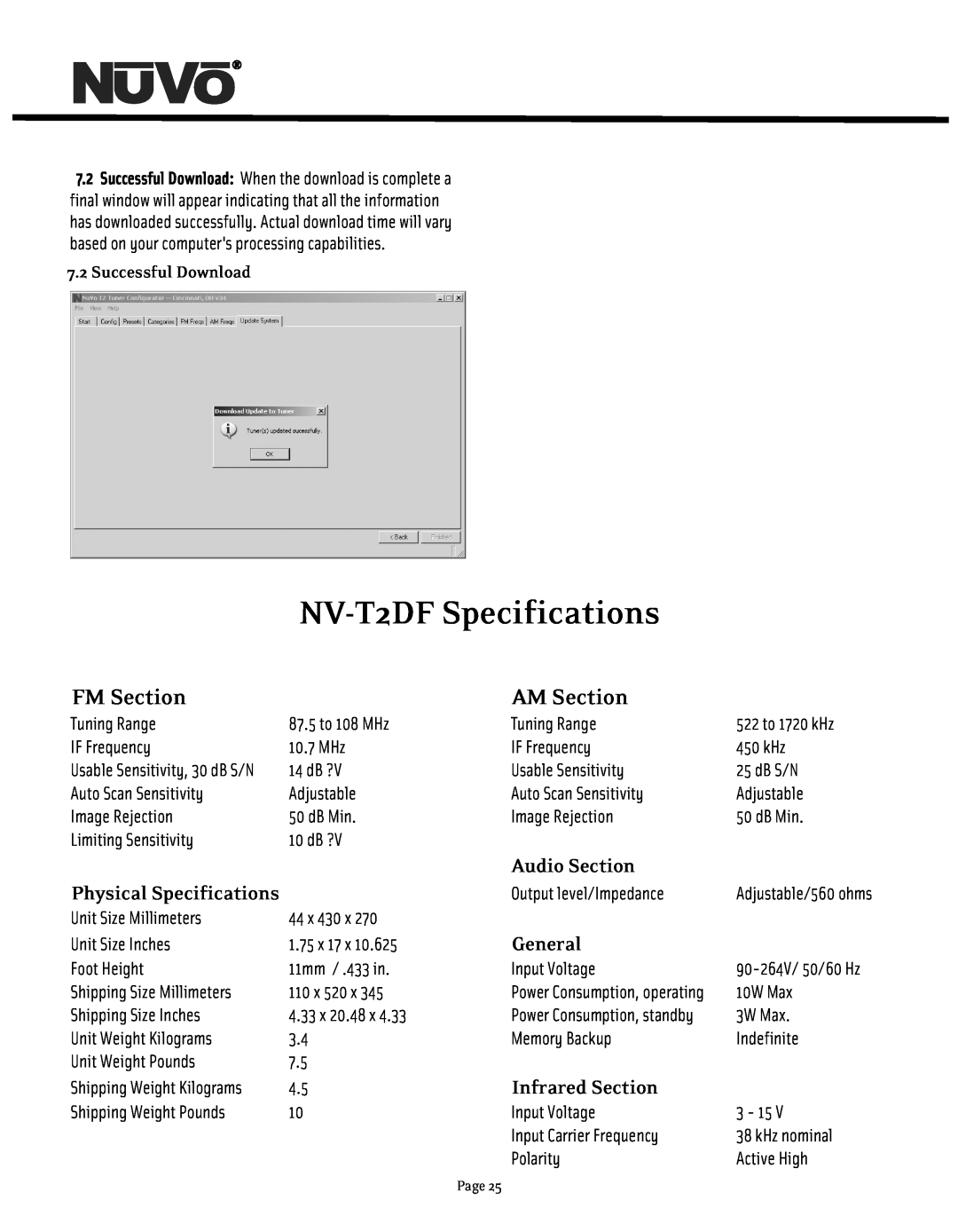 Nuvo NV-T2DF manual FM Section, AM Section, Audio Section, General, Infrared Section, 7.2Successful Download 