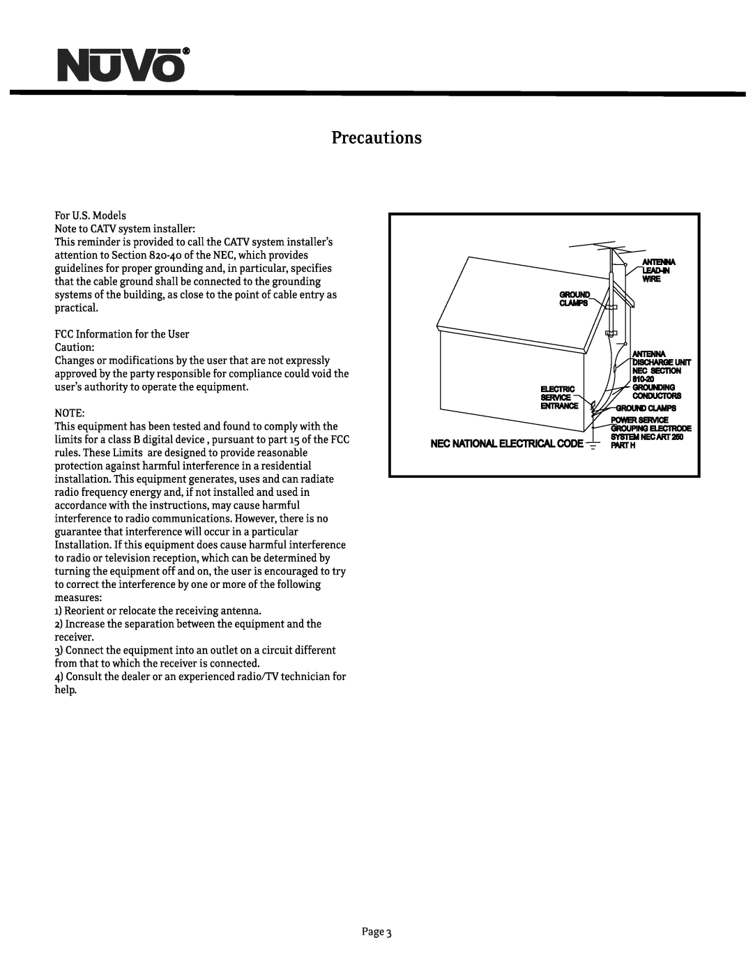 Nuvo NV-T2DF manual Page, Nec National Electrical Code 