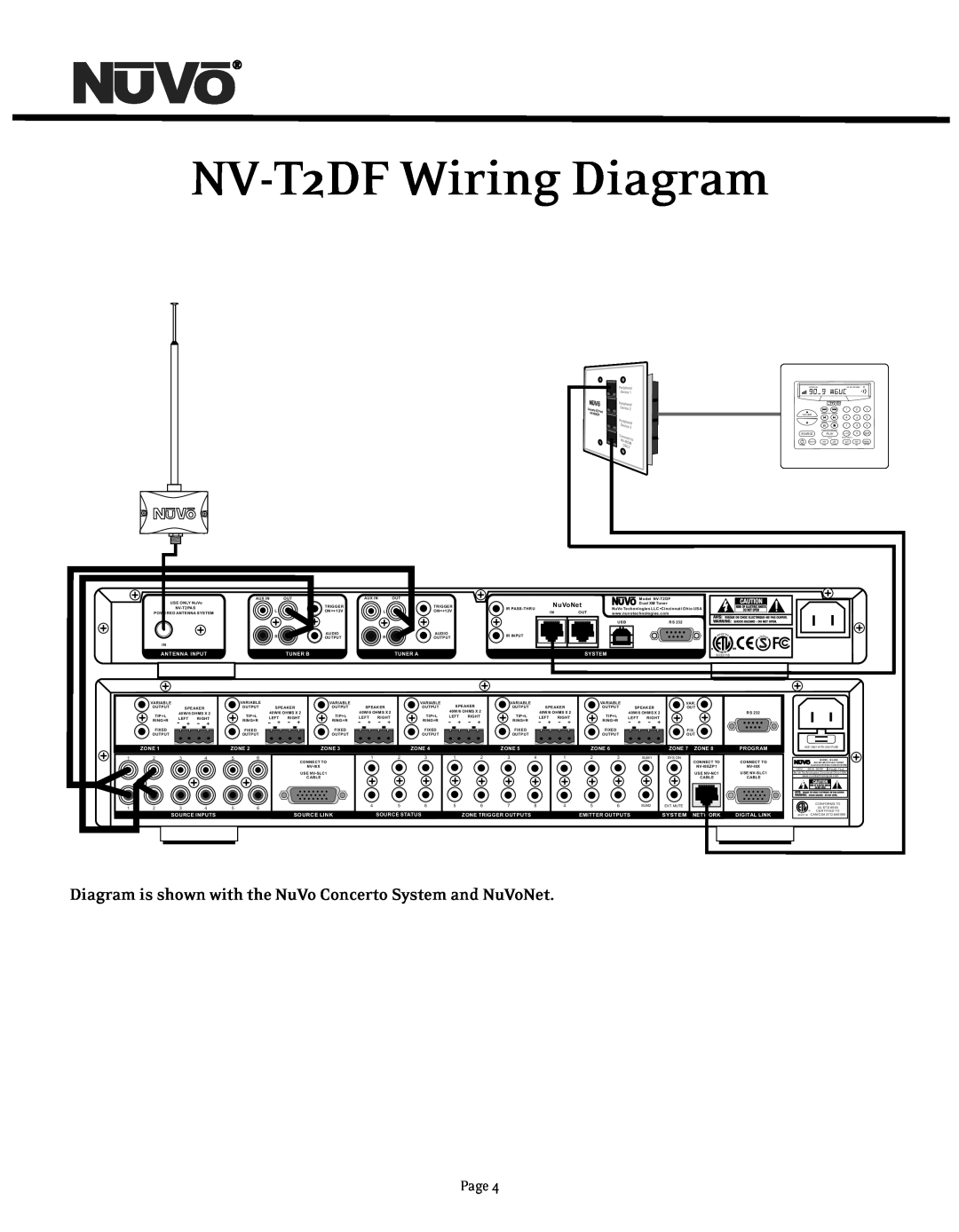 Nuvo manual NV-T2DFWiring Diagram, Page, NuVoNet, Antenna Input, Tuner B, Tuner A, System, Source Link 