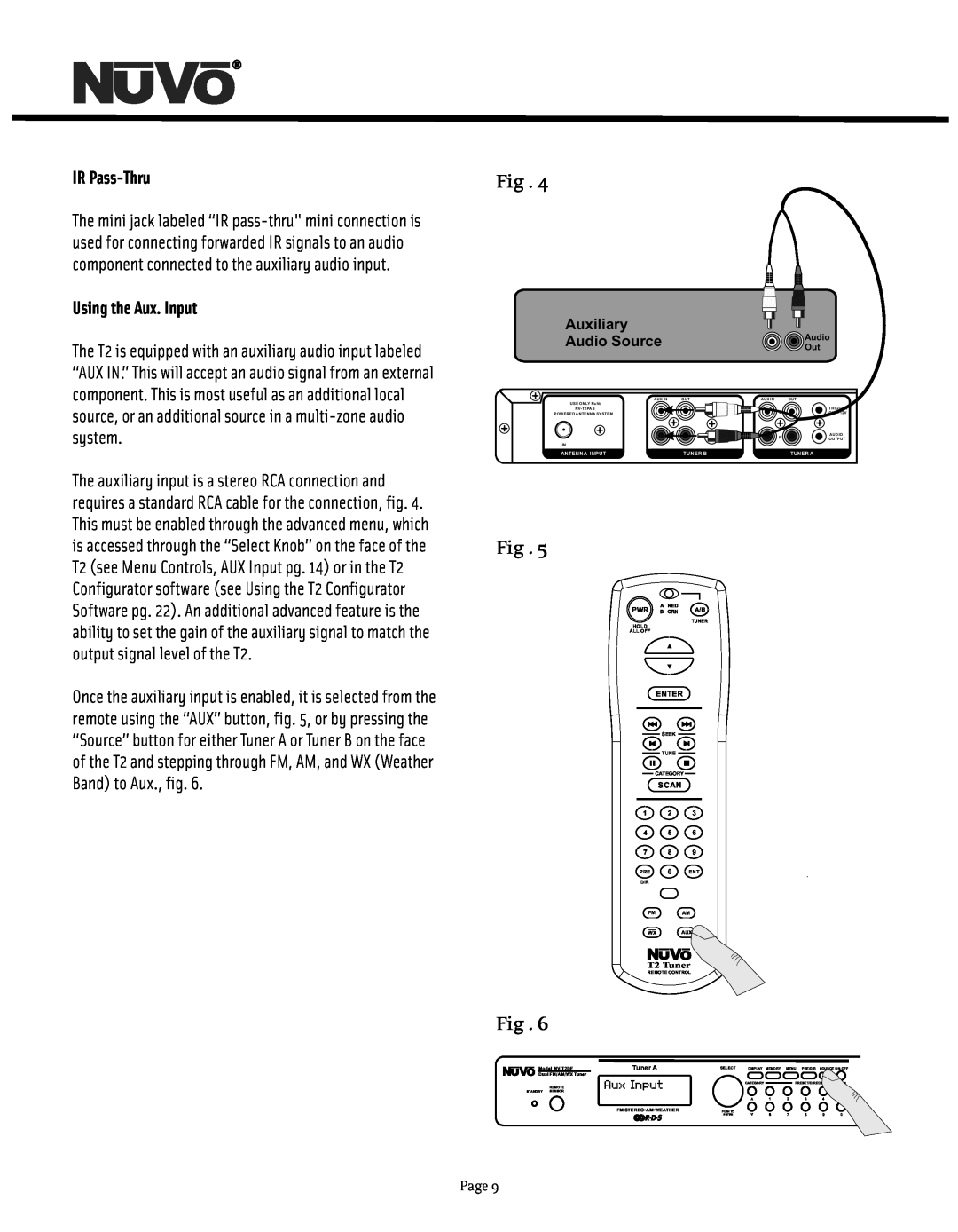 Nuvo NV-T2DF manual IR Pass-Thru, Using the Aux. Input, Page, Auxiliary, Audio Source 