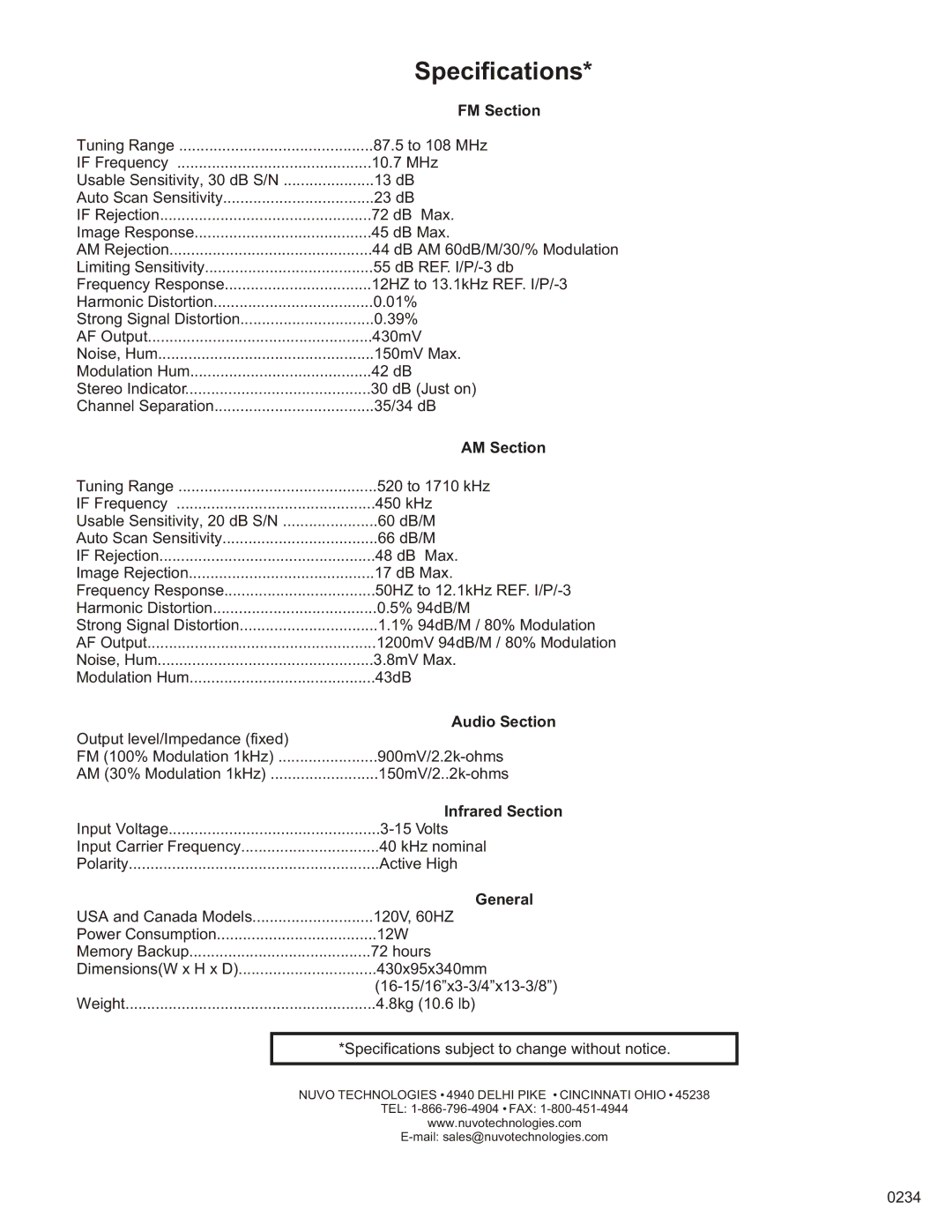 Nuvo NV-T3 owner manual Specifications, FM Section, AM Section, Audio Section 