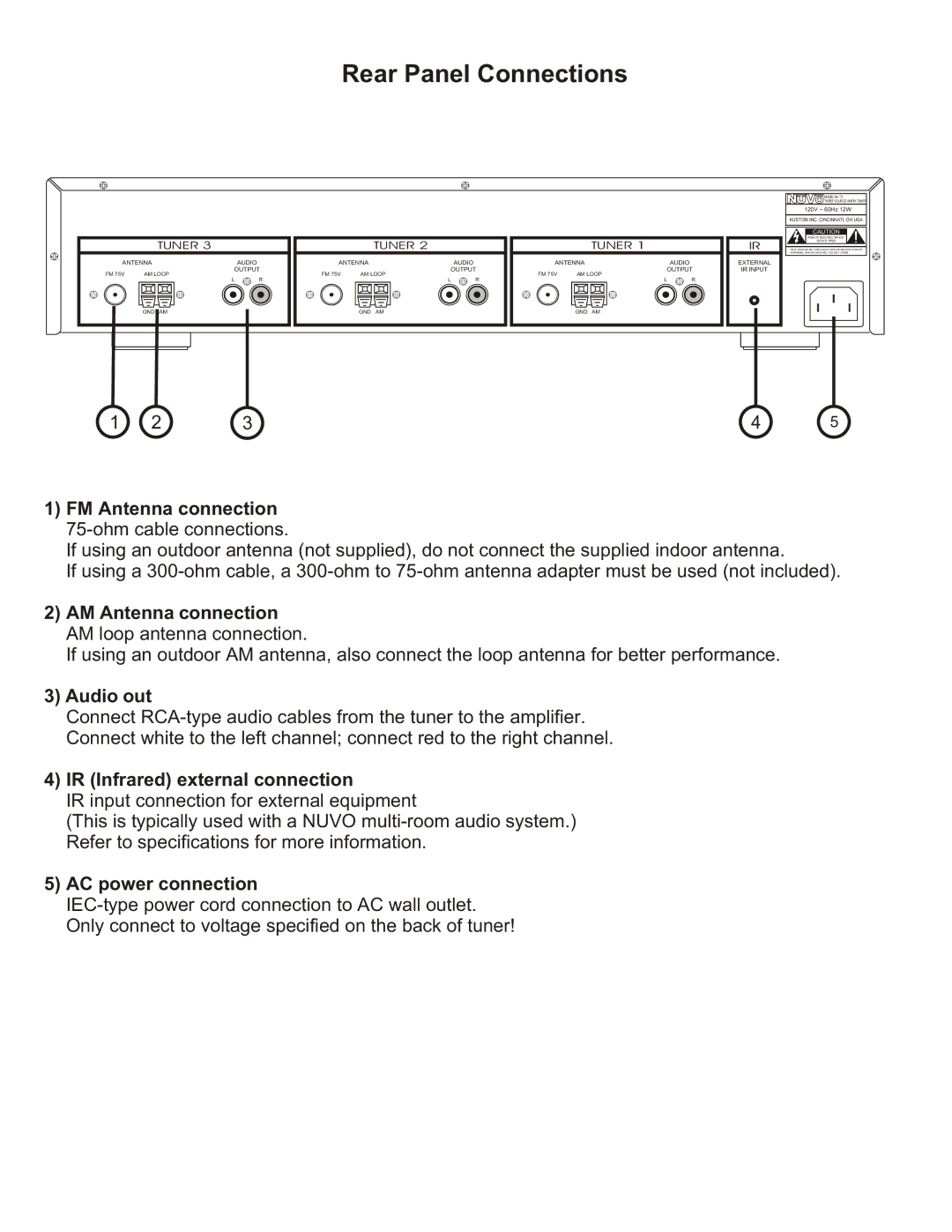 Nuvo NV-T3 Rear Panel Connections, FM Antenna connection, Audio out, IR Infrared external connection, AC power connection 