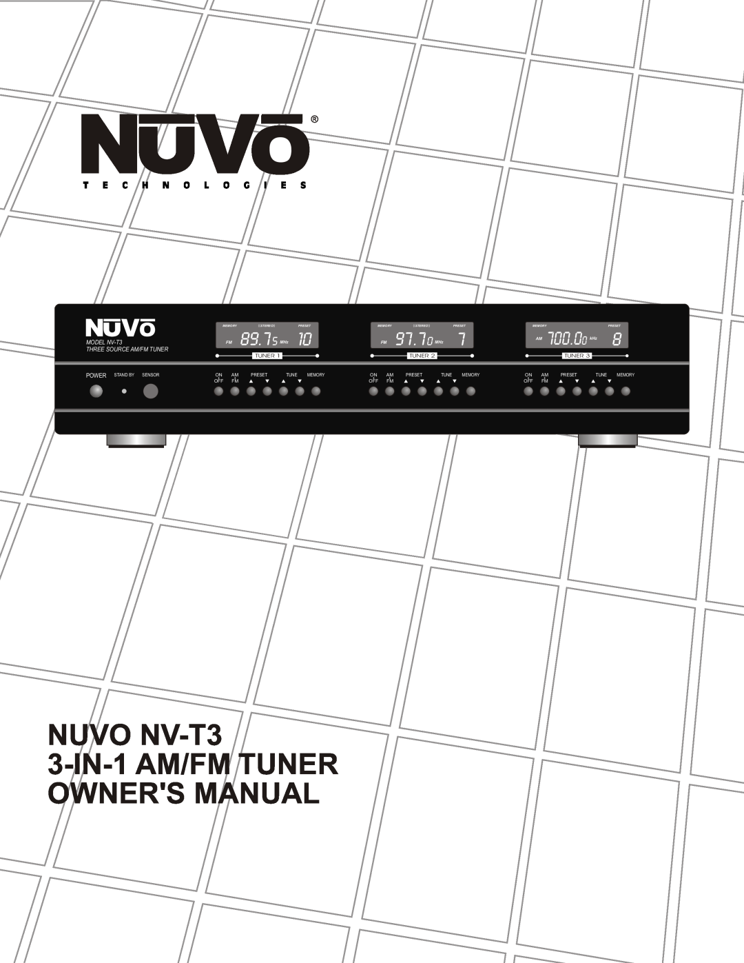 Nuvo owner manual 89.75 MHz, 97.70 MHz, MODEL NV-T3, Three Source Am/Fm Tuner, Power, Stand By Sensor, Preset 