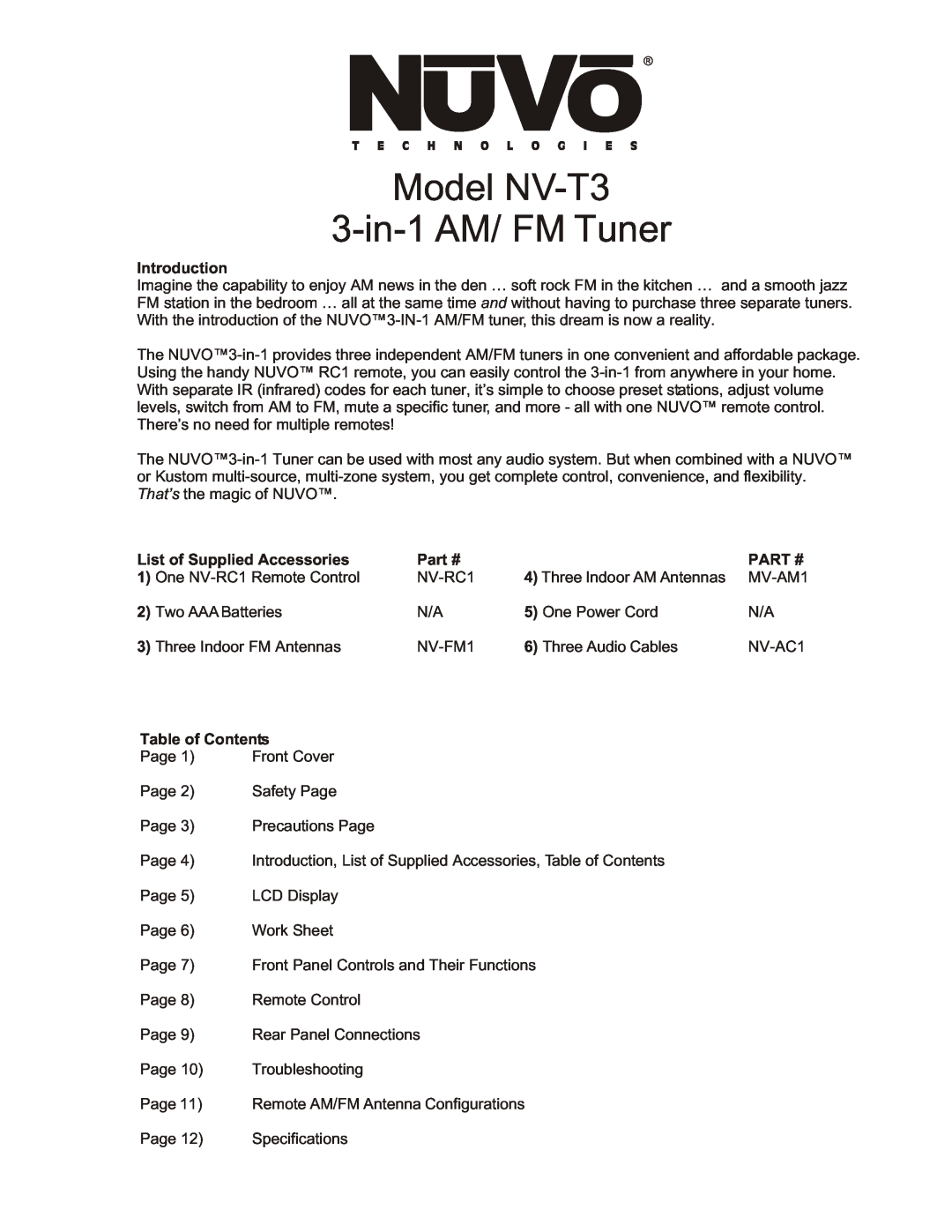 Nuvo owner manual Model NV-T3 3-in-1AM/ FM Tuner, Introduction, List of Supplied Accessories, Part #, Table of Contents 