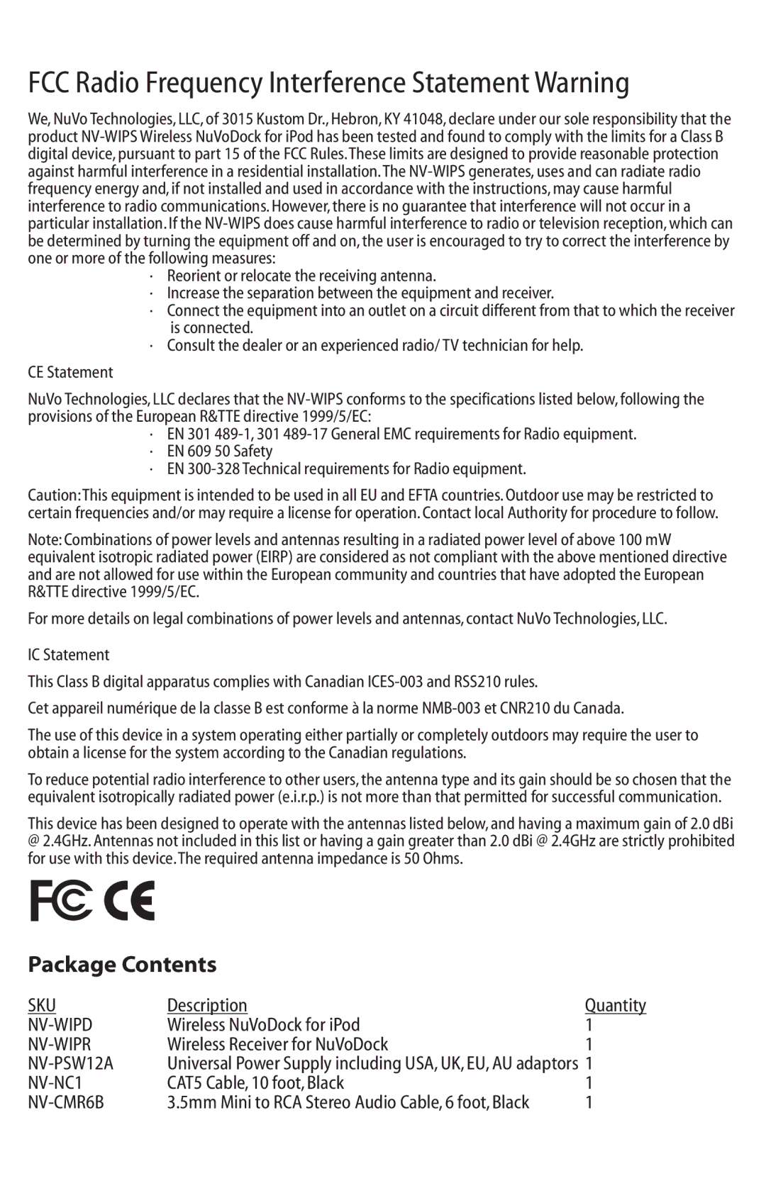 Nuvo NV-WIPS manual FCC Radio Frequency Interference Statement Warning, Package Contents 