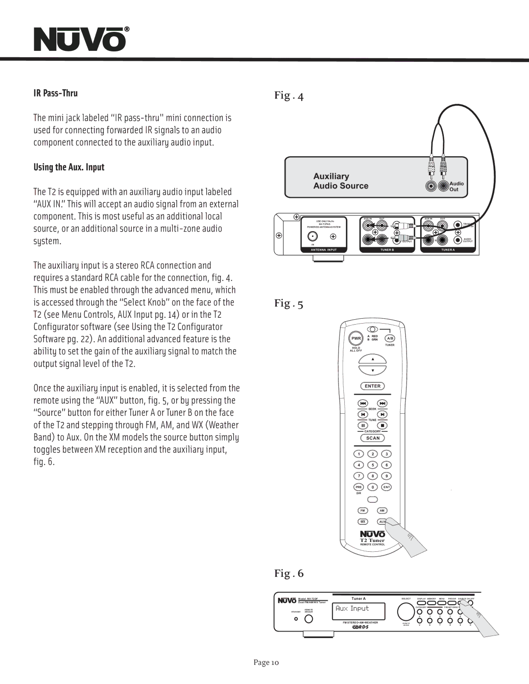Nuvo T2 manual IR Pass-Thru, Using the Aux. Input 