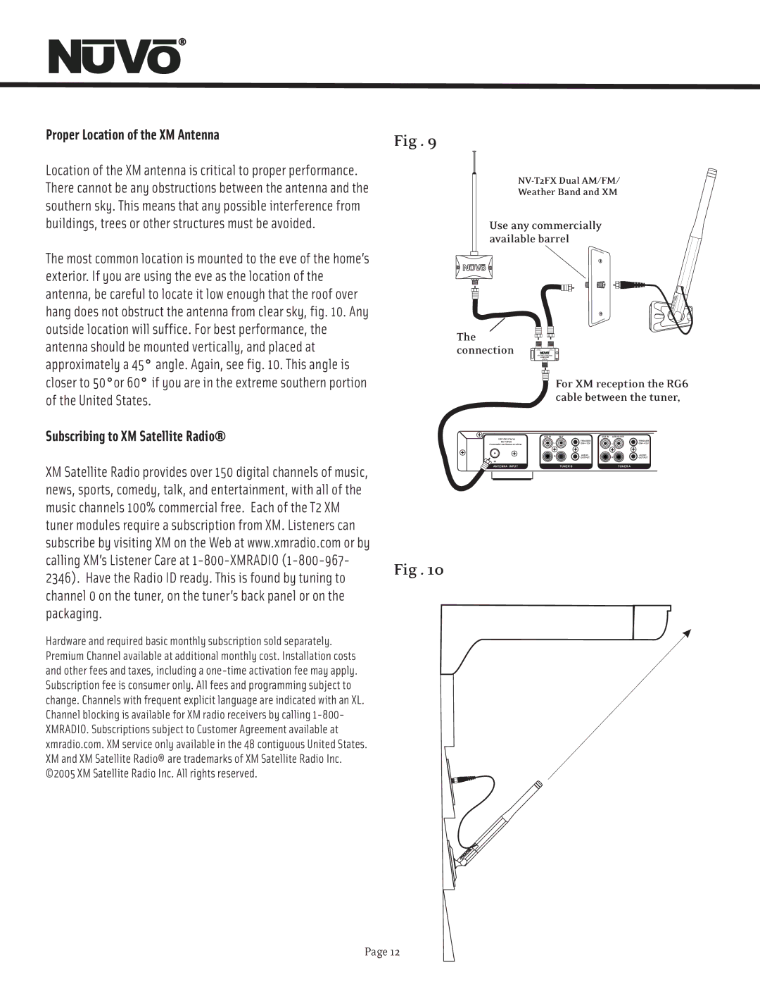 Nuvo T2 manual Proper Location of the XM Antenna, Subscribing to XM Satellite Radio 