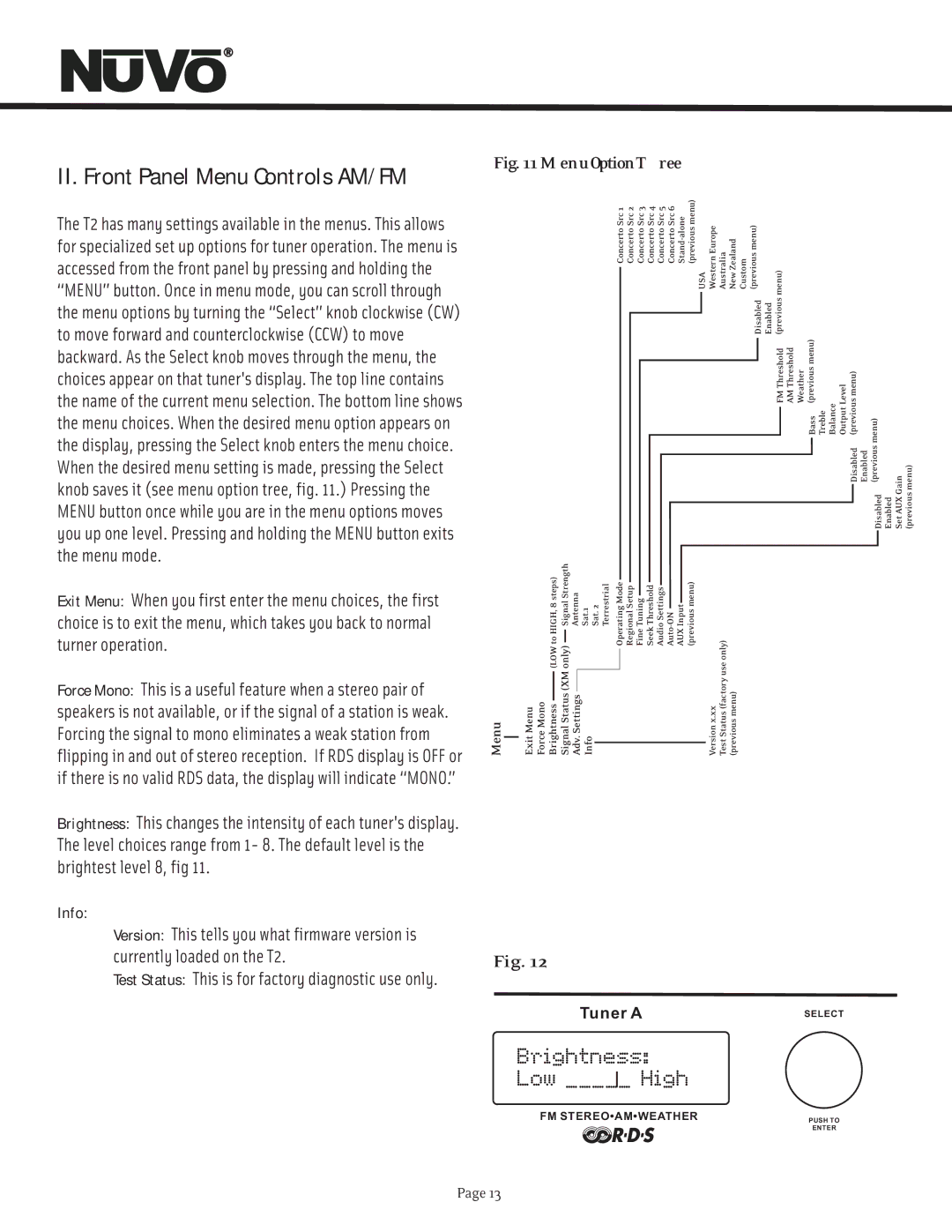 Nuvo T2 manual Info, Menu Option Tree 