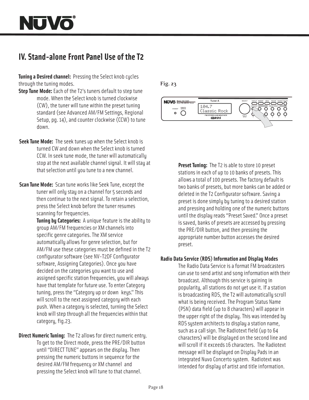 Nuvo manual IV. Stand-alone Front Panel Use of the T2 